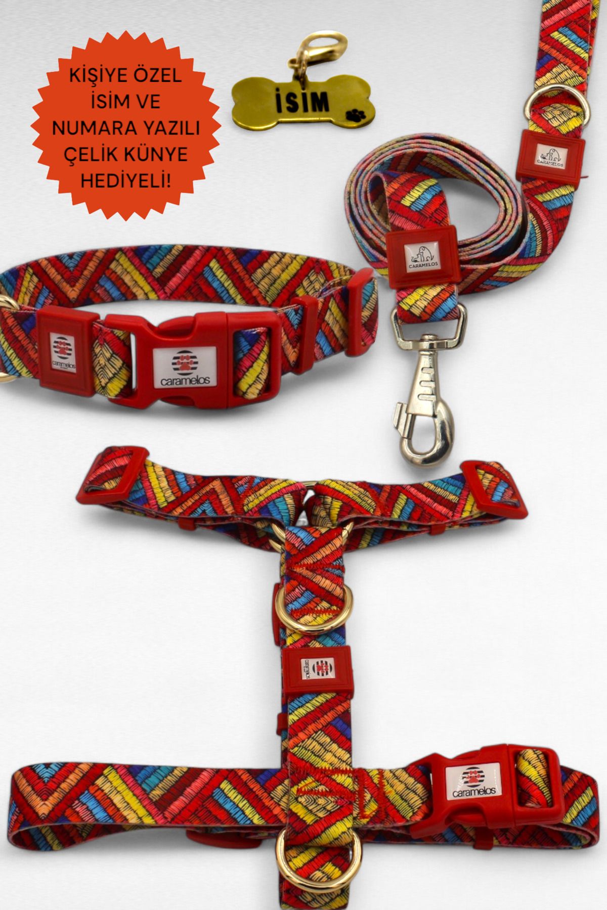 CARAMELOS KÖPEK TASMA SETİ KİŞİYE ÖZEL İSİMLİ TASMA, H TİPİ TASMA ,GÖVDE BOYUN GEZDİRME TASMASI, KÖPEK KÜNYE