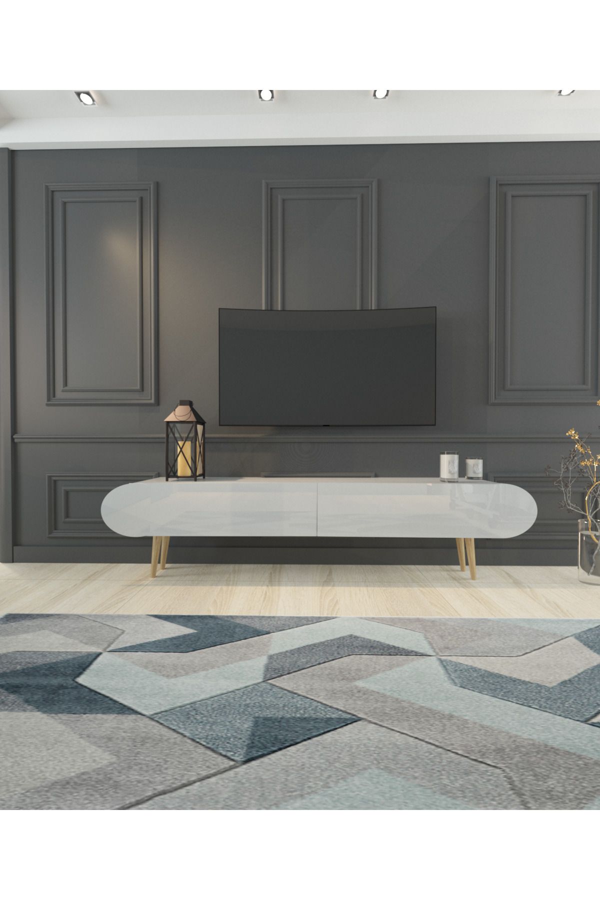 MOBİLYA GEZEGENİ Letas 120 cm ahşap ayaklı tv ünitesi oval kapaklı