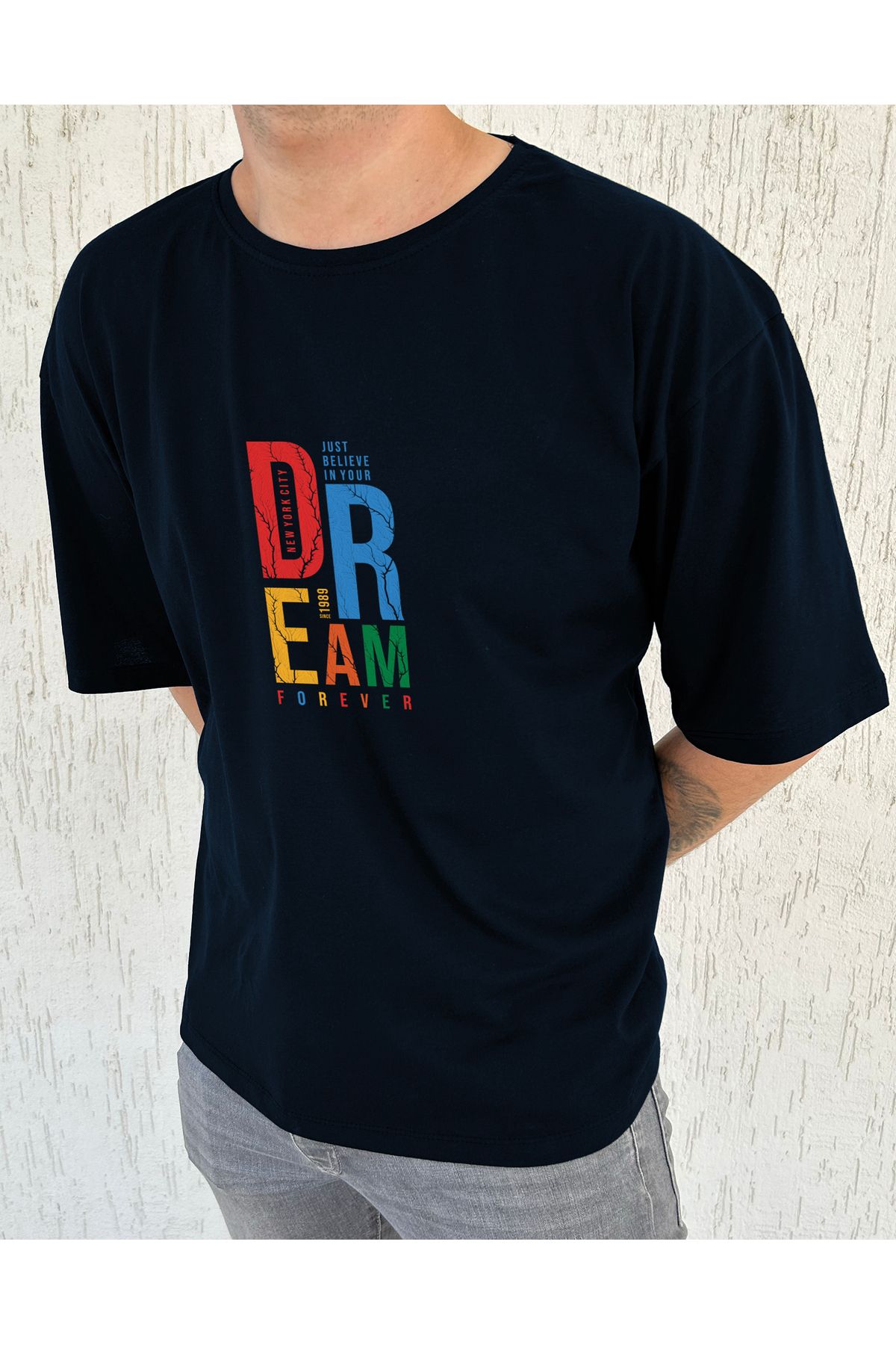 ClubSpaceAstro Dream Forever Baskılı %100 Pamuk Oversize Erkek Tişört – Salaş Kesim, Bisiklet Yaka