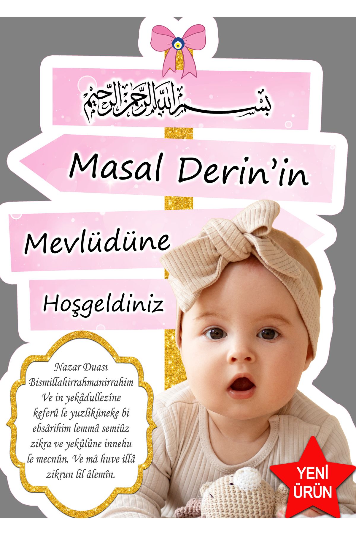 Sunligo Bebek Mevlüt Süsleme Yön Panosu Masa Üstü Ayaklı Pankart 40 Cm Uzunluk Pvc Kaplı