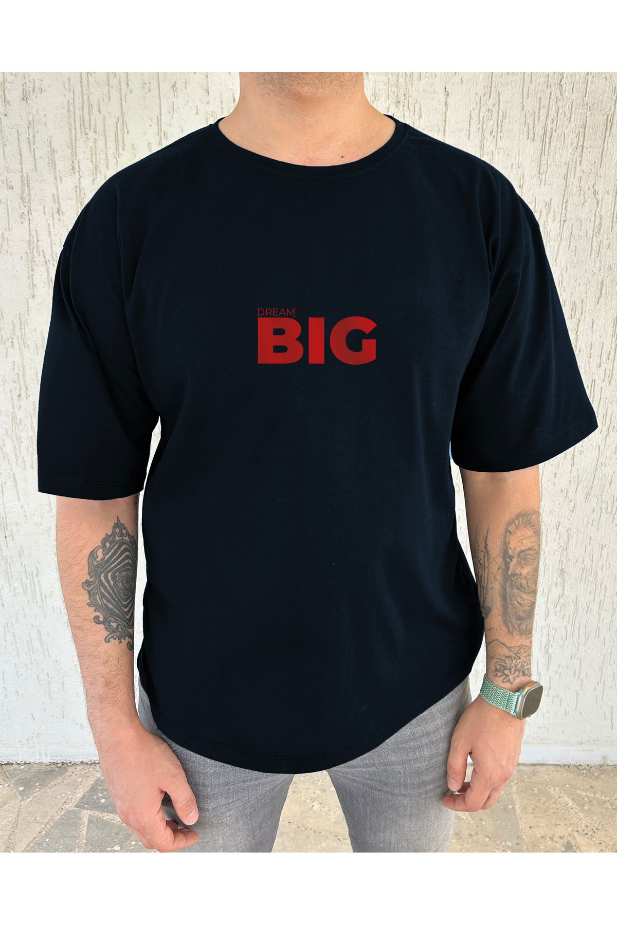 ClubSpaceAstro "Dream Big" Baskılı %100 Pamuk Oversize Erkek Tişört – Rahat Kalıp, Bisiklet Yaka