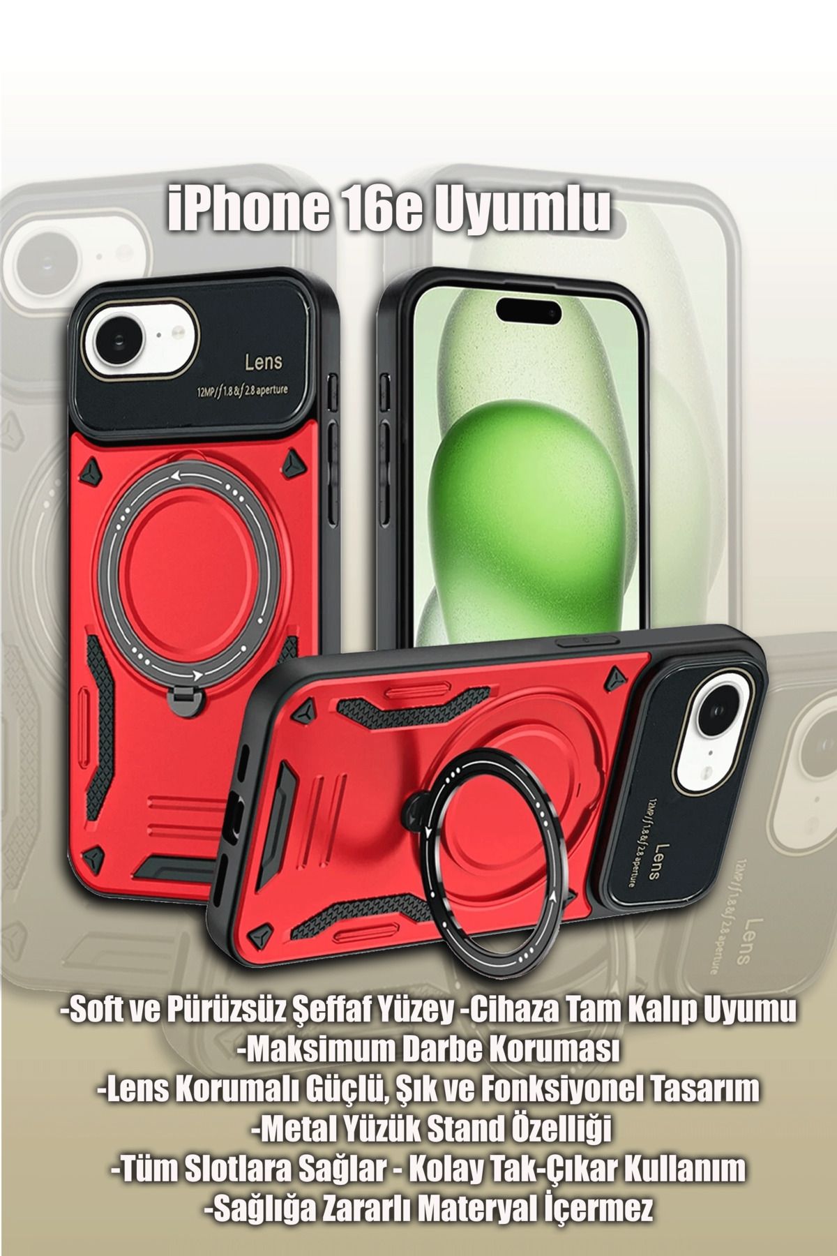 mobrika iPhone 16E Joy Lens Standlı Yüzüklü Silikon Telefon Kılıfı