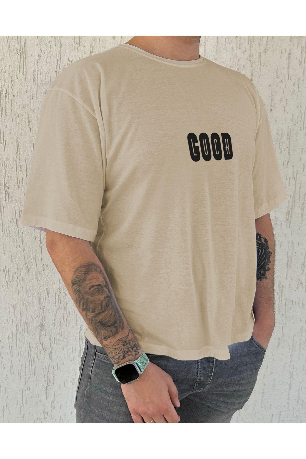 clubsodafashion Good Luck Baskılı %100 Pamuk Oversize Erkek Tişört – Salaş Kesim, Bisiklet Yaka