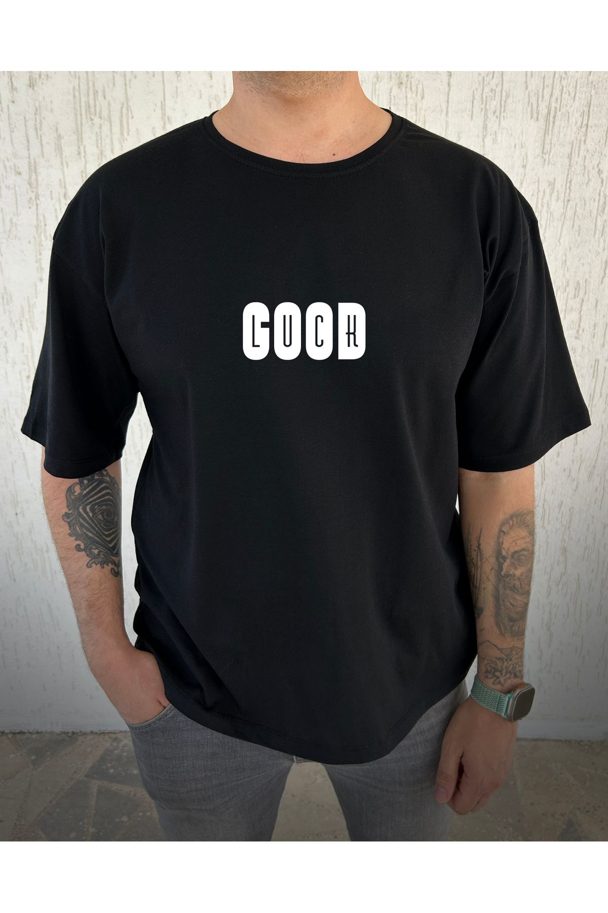 clubsodafashion Good Luck Baskılı %100 Pamuk Oversize Erkek Tişört – Salaş Kesim, Bisiklet Yaka