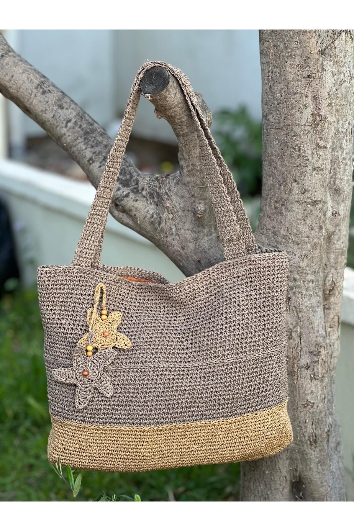 ORGANICMIRA Kadın Örgü Omuz Çantası Kahverengi Vintage Plaj Çantası