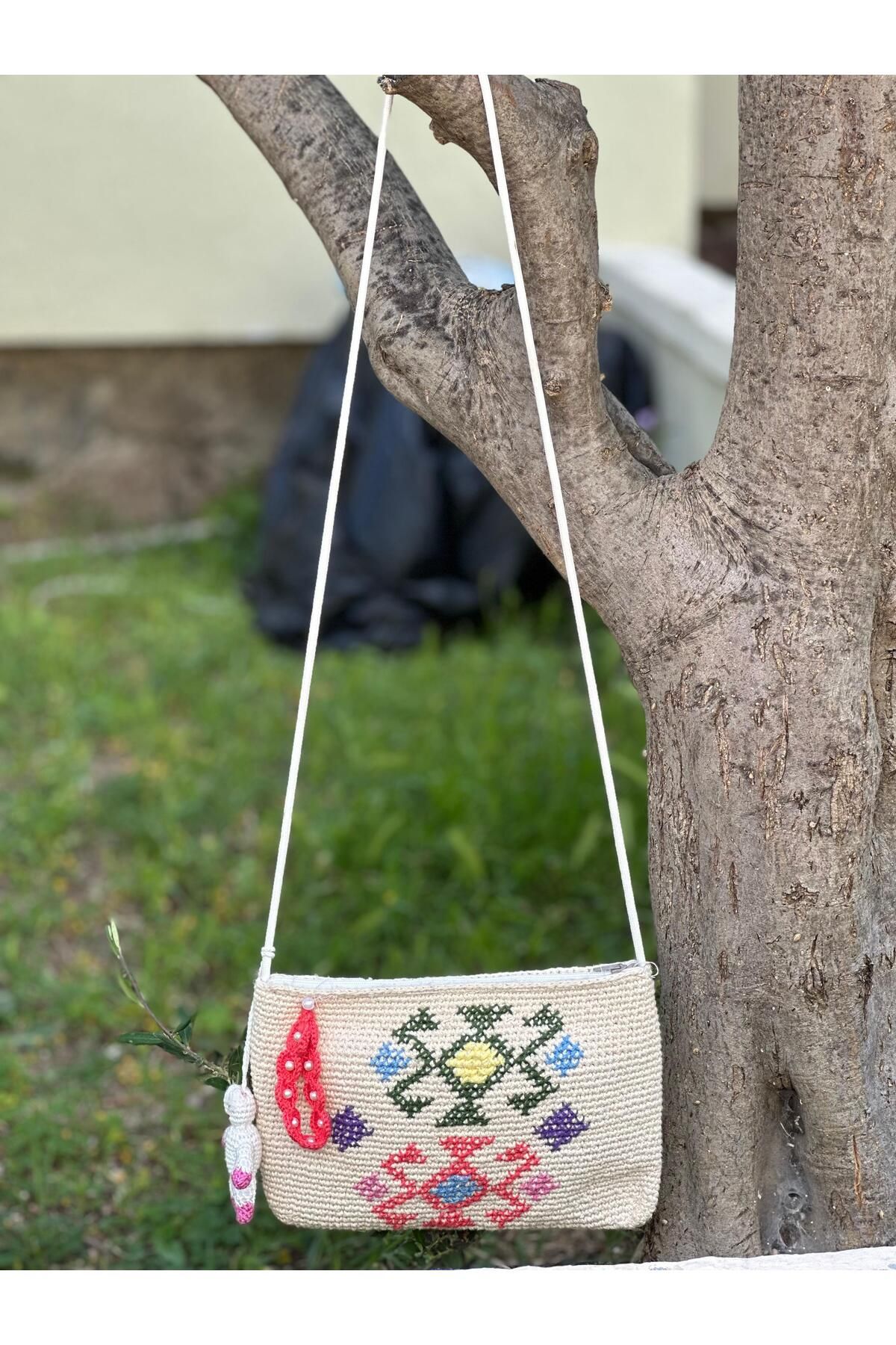 ORGANICMIRA Beyaz Etnik Desenli Kadın Omuz Çantası Vintage Model Çanta