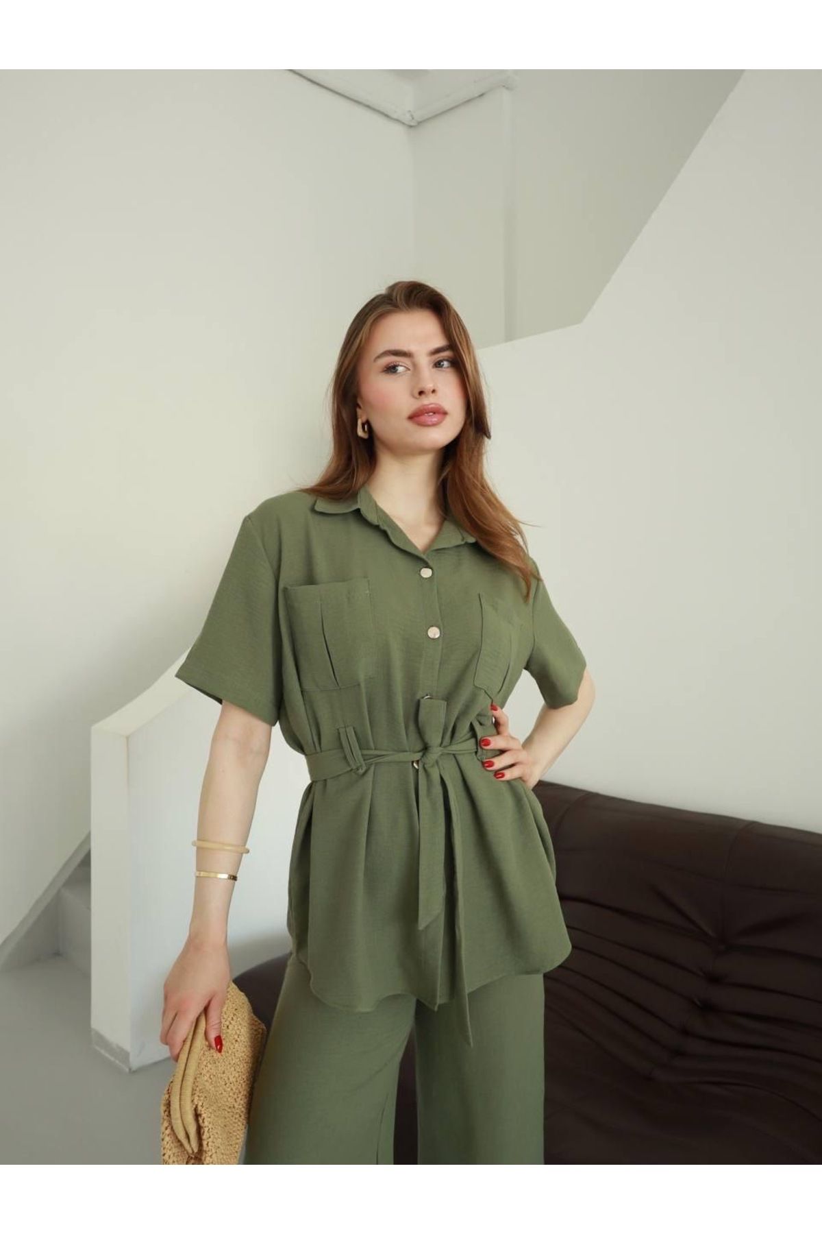 Ekim Store Kuşaklı Bağlamalı Gömlek Pantolon Takım