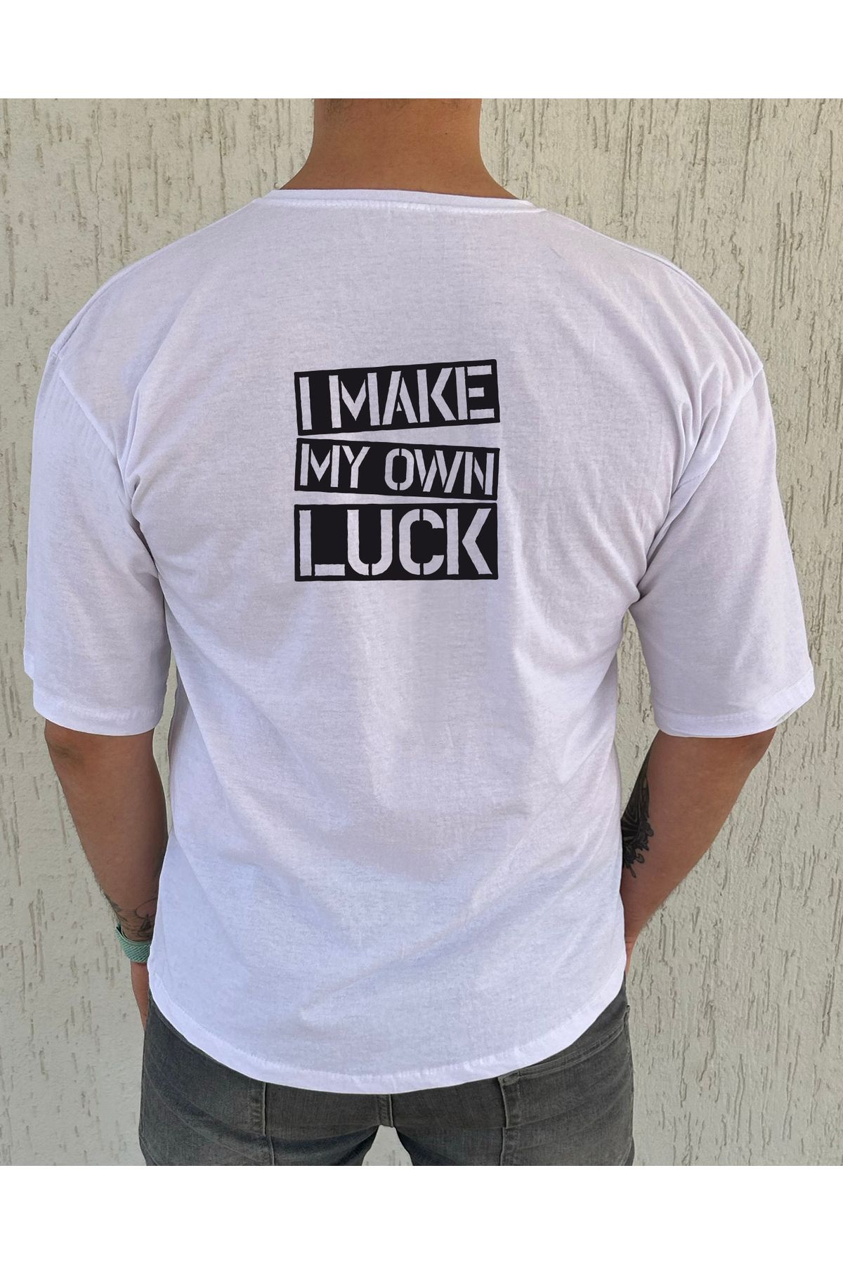 ClubSpaceAstro I MAKE MY OWN LUCK Baskılı %100 Pamuk Oversize Erkek Tişört – Güçlü Mesaj, Rahat Kalıp