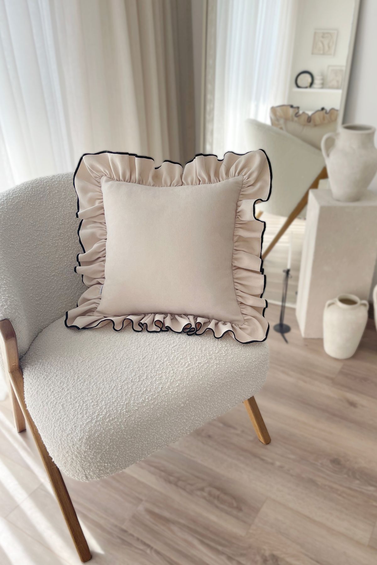 RİTMOHOME Fırfırlı, Vintage, Country, Iskandinav, Bohem 50x50 Dekoratif Kırlent Kılıfı Krem, Siyah