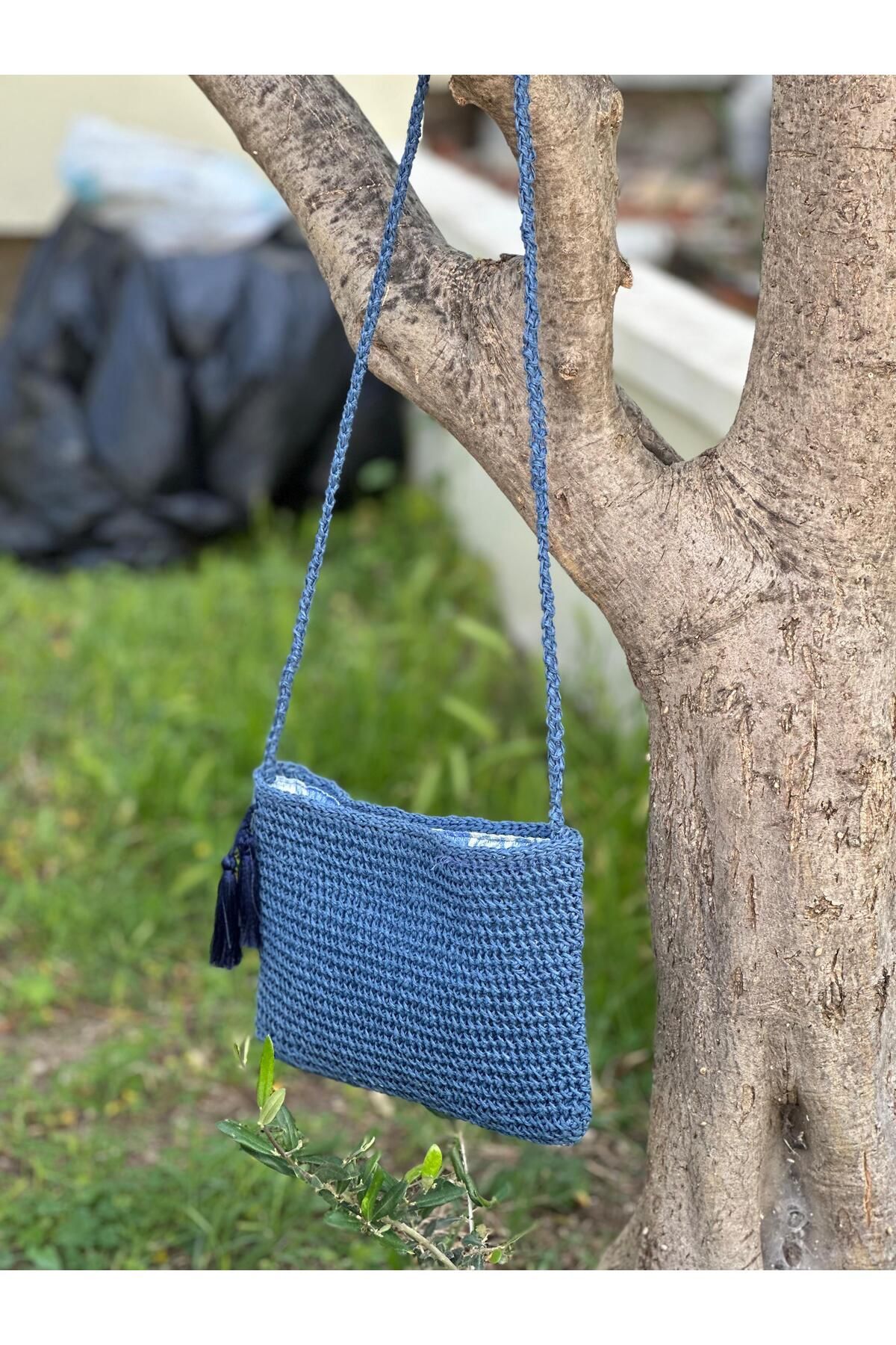 ORGANICMIRA Kadın Omuz Çantası Mavi Örme Vintage Model El Çantası