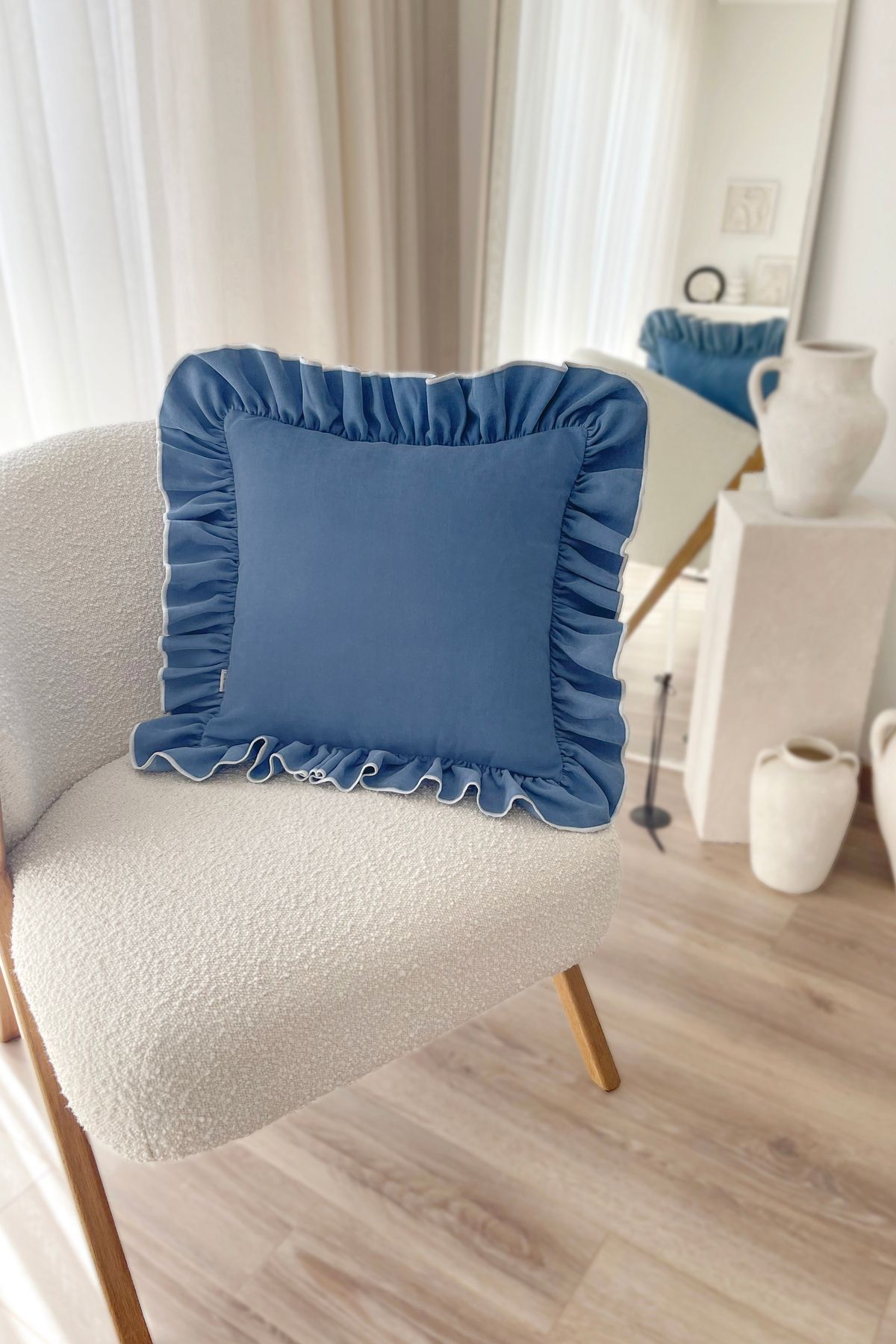 RİTMOHOME Fırfırlı, Vintage, Country, Iskandinav, Marin, Bohem 50x50 Dekoratif Kırlent Kılıfı İndigo Mavi
