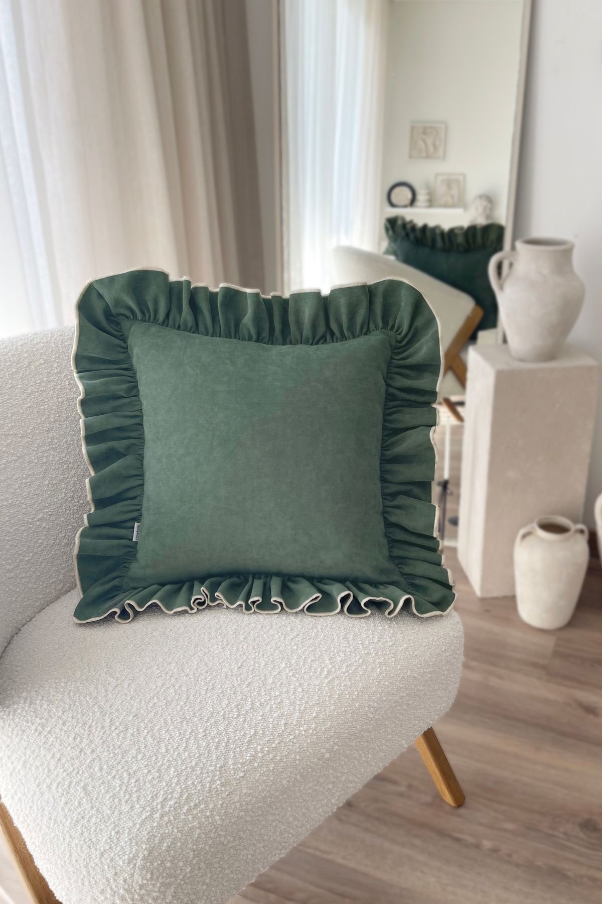 RİTMOHOME Fırfırlı, Vintage, Country, Iskandinav, Bohem 50x50 Dekoratif Kırlent Kılıfı Krem, Yeşil