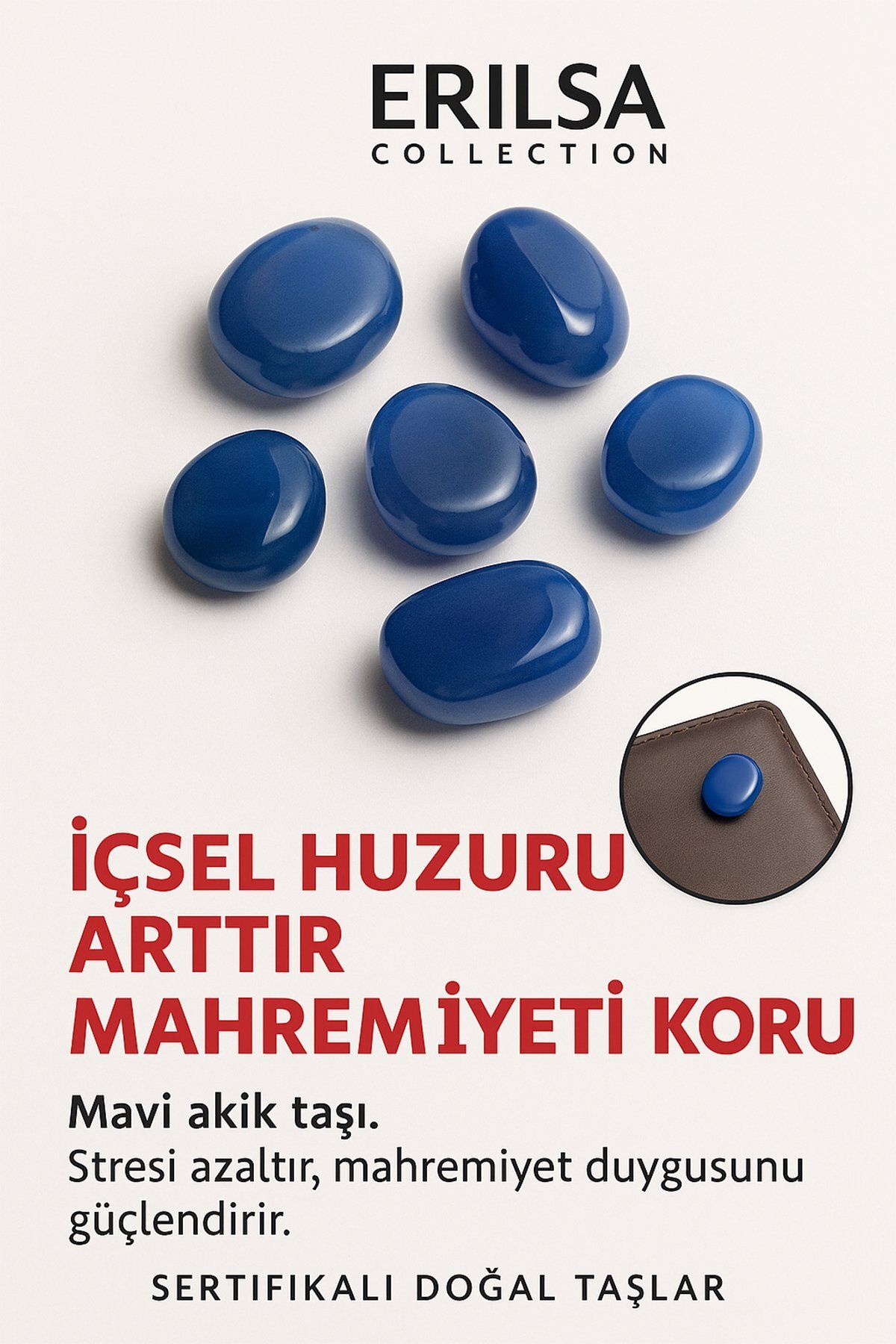 Erilsa Sertifikalı Cüzdan Boy Tamburlanmış Mavi Akik Taşı Kütle - Huzur, İfade Gücü Günlük Enerji Dengesi
