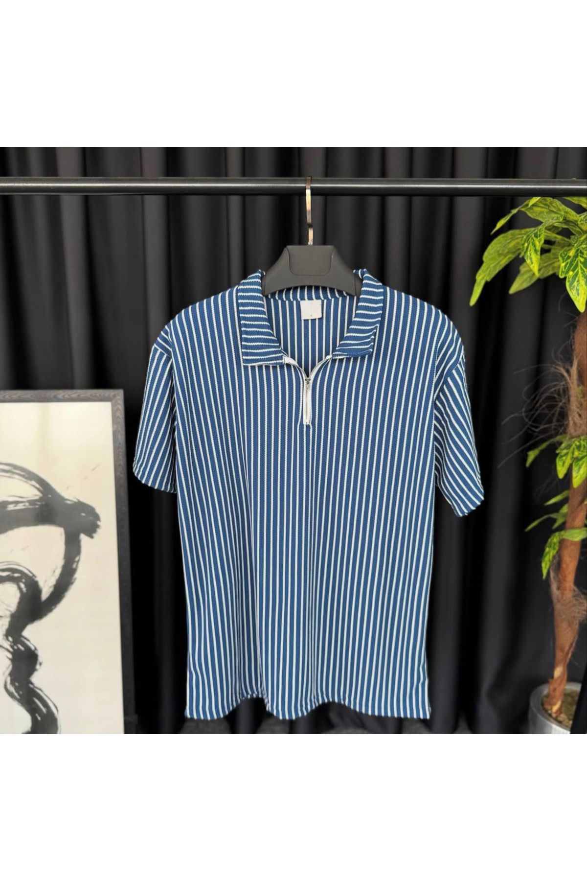 NewCabin Yeni Sezon Premium Pamuklu Petek Kumaş Kendinden Desenli Unisex Yarım Fermuarlı T-Shirt