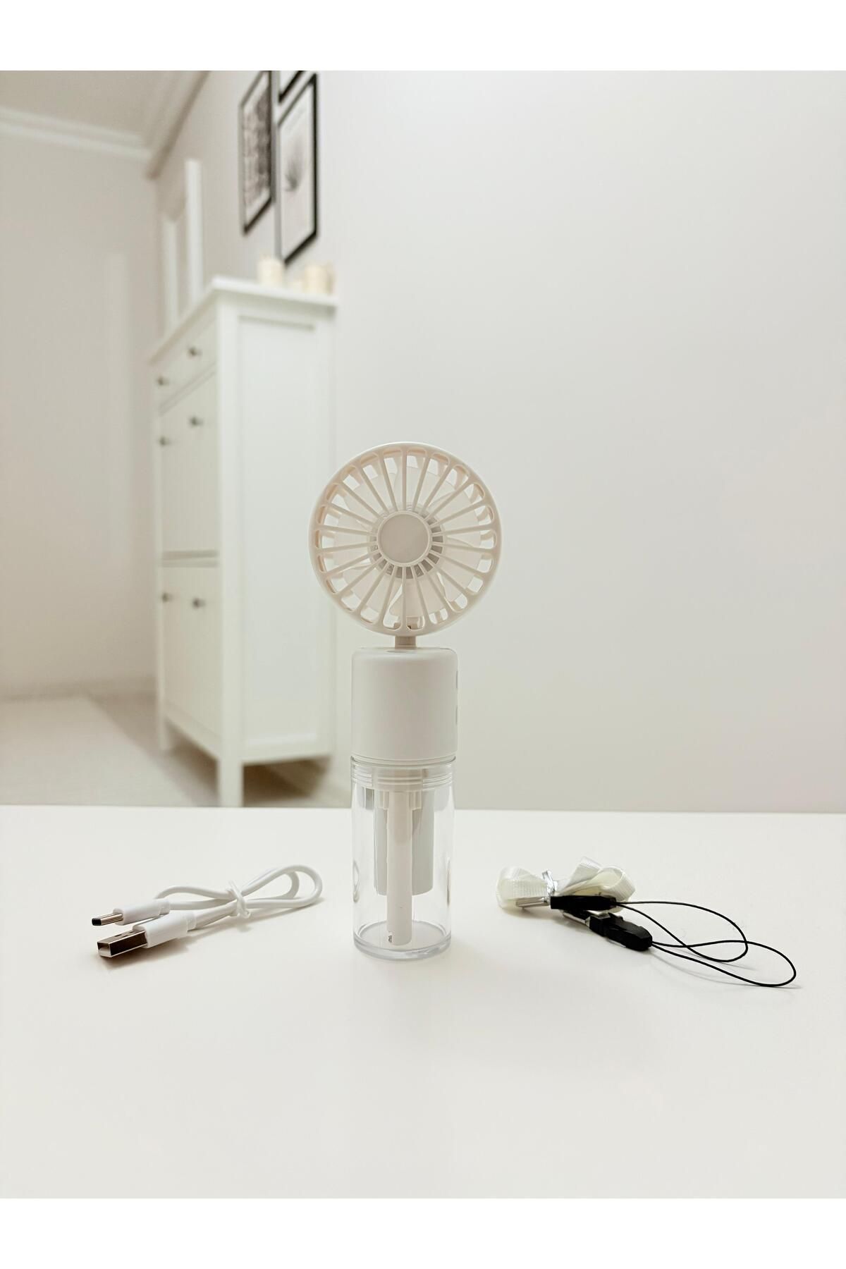 Store Su Buharlı Elde ve Masada Kullanılabilir Boyun Askılı Şarjlı Serinletici Beyaz Mini Fan