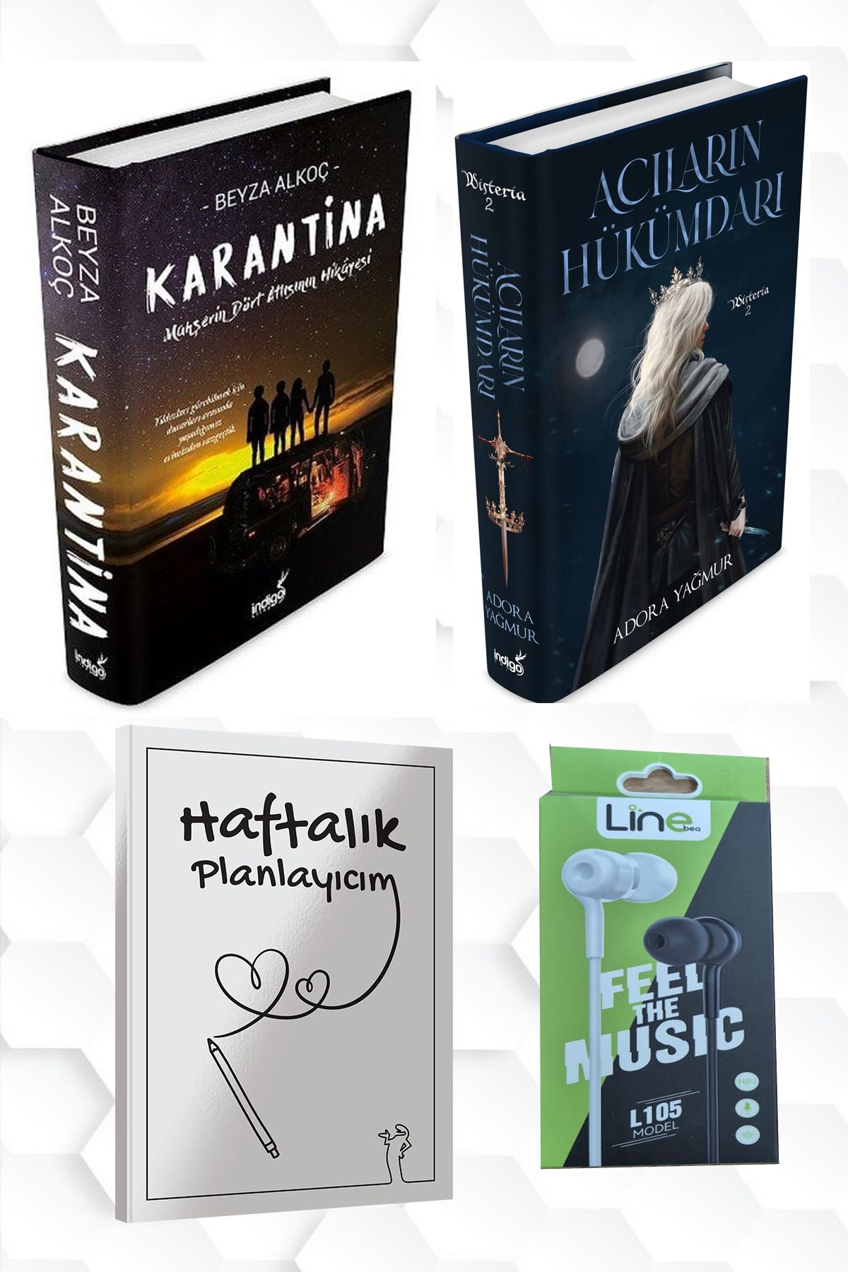 İndigo Kitap CİLTLİ-KARANTİNA BİRİNCİ PERDE-ACILARIN HÜKÜMDARI+HAFTALIK PLANLAYICIM 52 (HAFTA)KULAKLIK