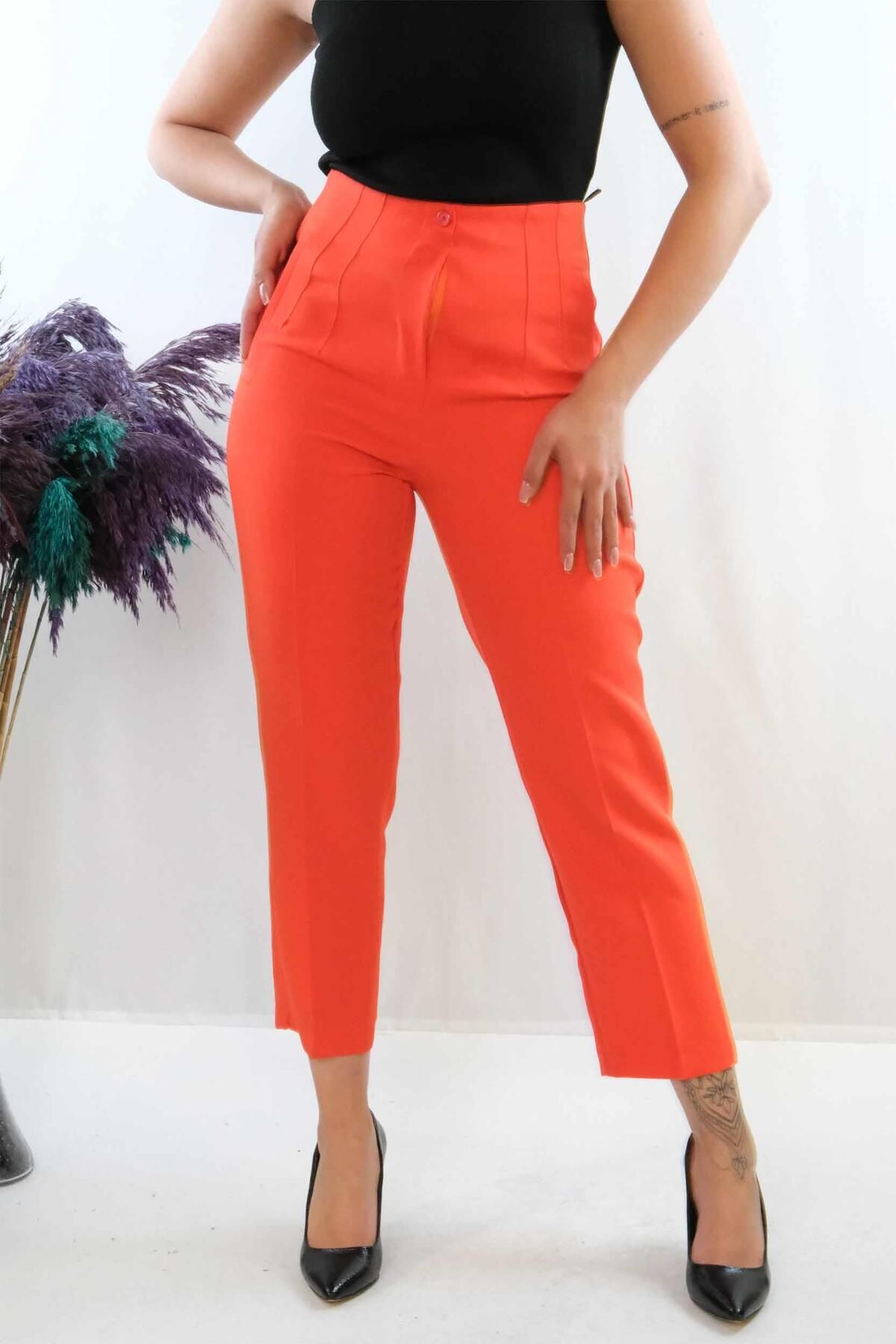 PuShe Moda Çizgi Yüksek Bel Pantolon Nar Çiçeği