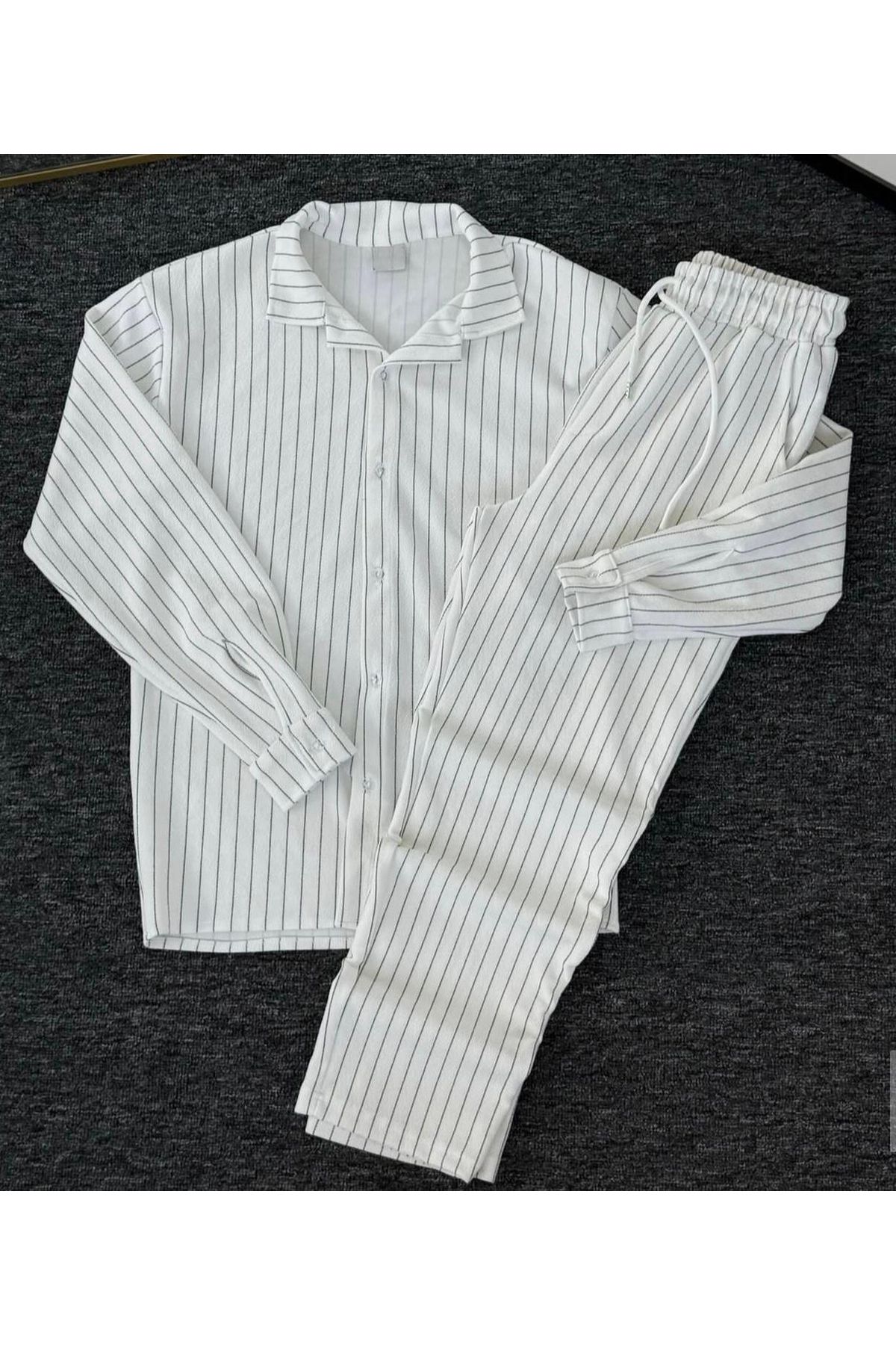 NewCabin Premium Krep Kumaş Çizgi Detaylı Unisex Gömlek ve Pantolon Takım