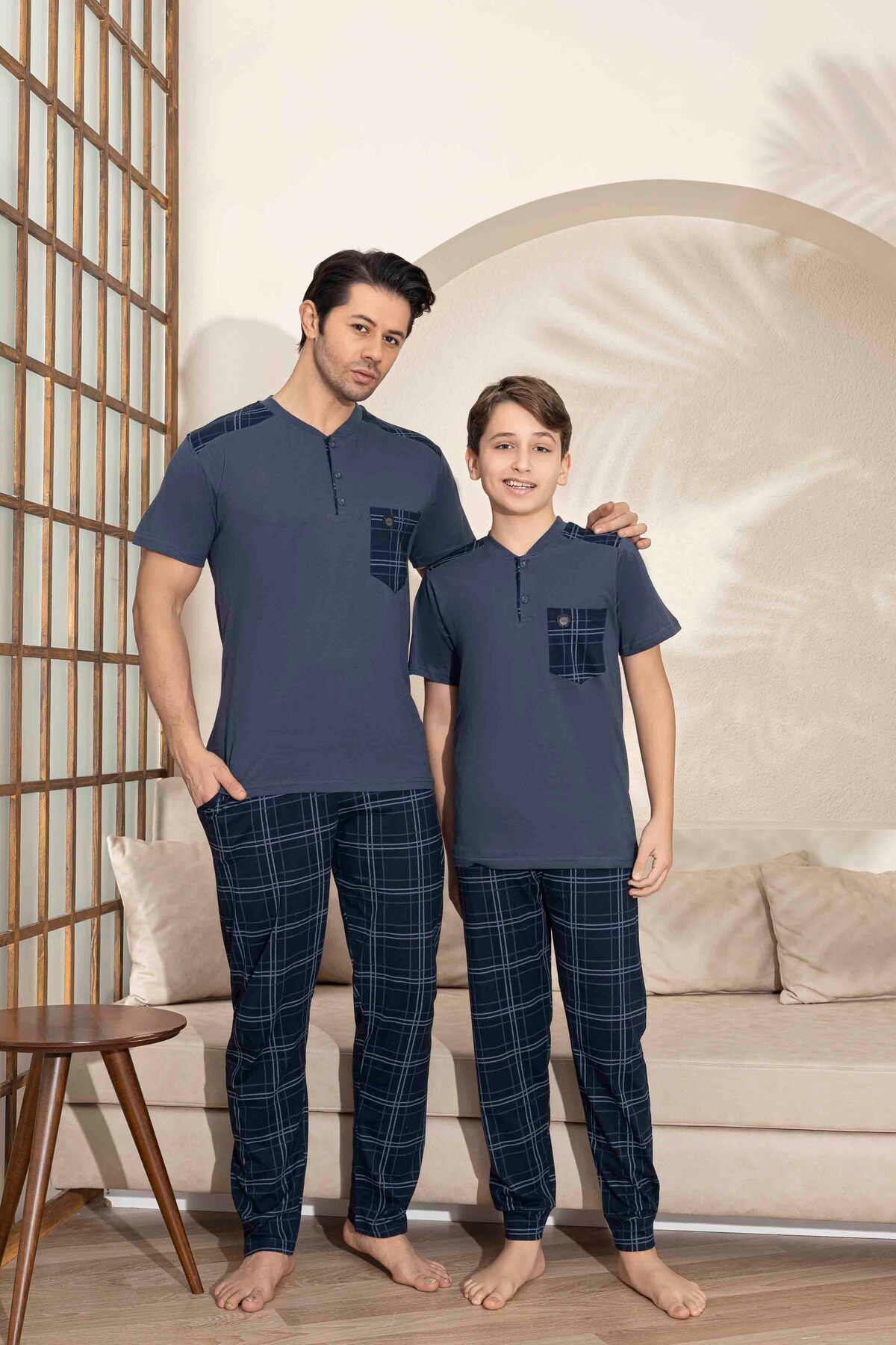 Tarık Baba Oğul Kombin Kısa Kollu Ekoseli Uzun Alt Penye Kumaş Orta Kalın V Yaka Pijama Takımı-3993