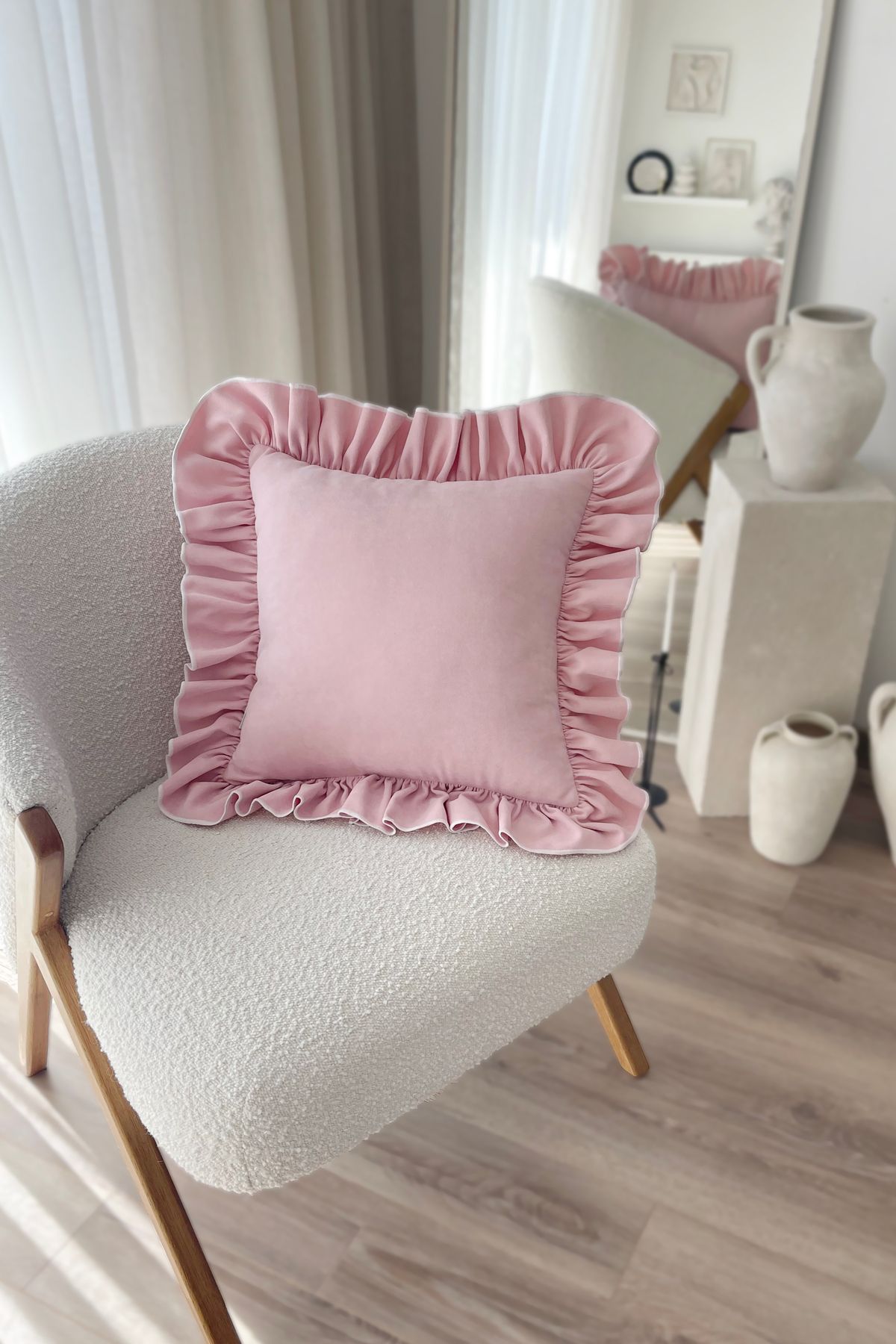 RİTMOHOME Fırfırlı, Vintage, Country, Iskandinav, Bohem 50x50 Dekoratif Kırlent Kılıfı Pembe, Beyaz