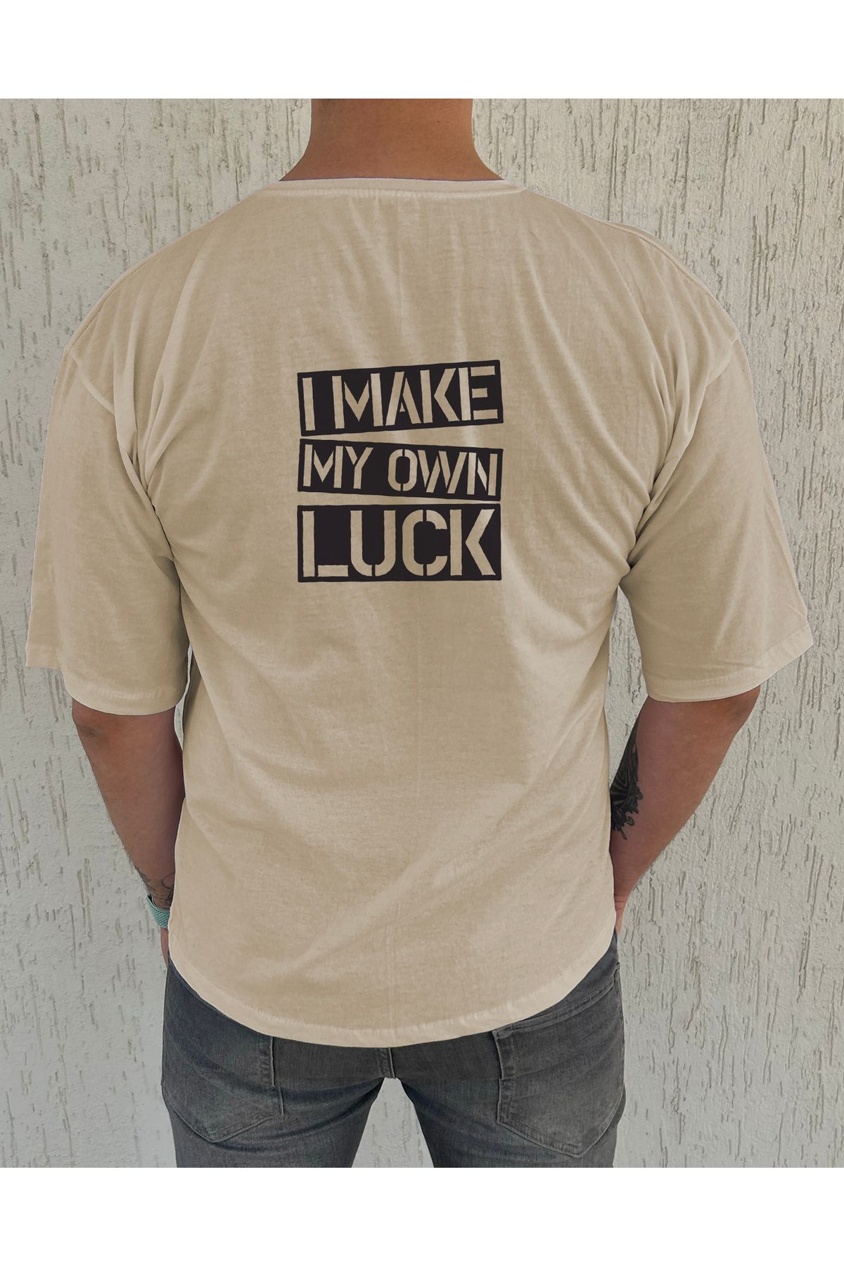 ClubSpaceAstro I MAKE MY OWN LUCK Baskılı %100 Pamuk Oversize Erkek Tişört – Güçlü Mesaj, Rahat Kalıp