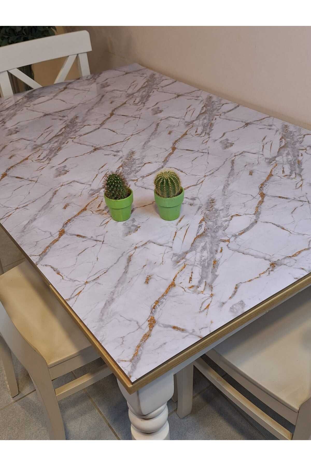 Başak Ev Tekstili Kalın PVC Masa Koruyucu – 1.2 mm Mika Örtü, 80 cm En, Mermer Desen