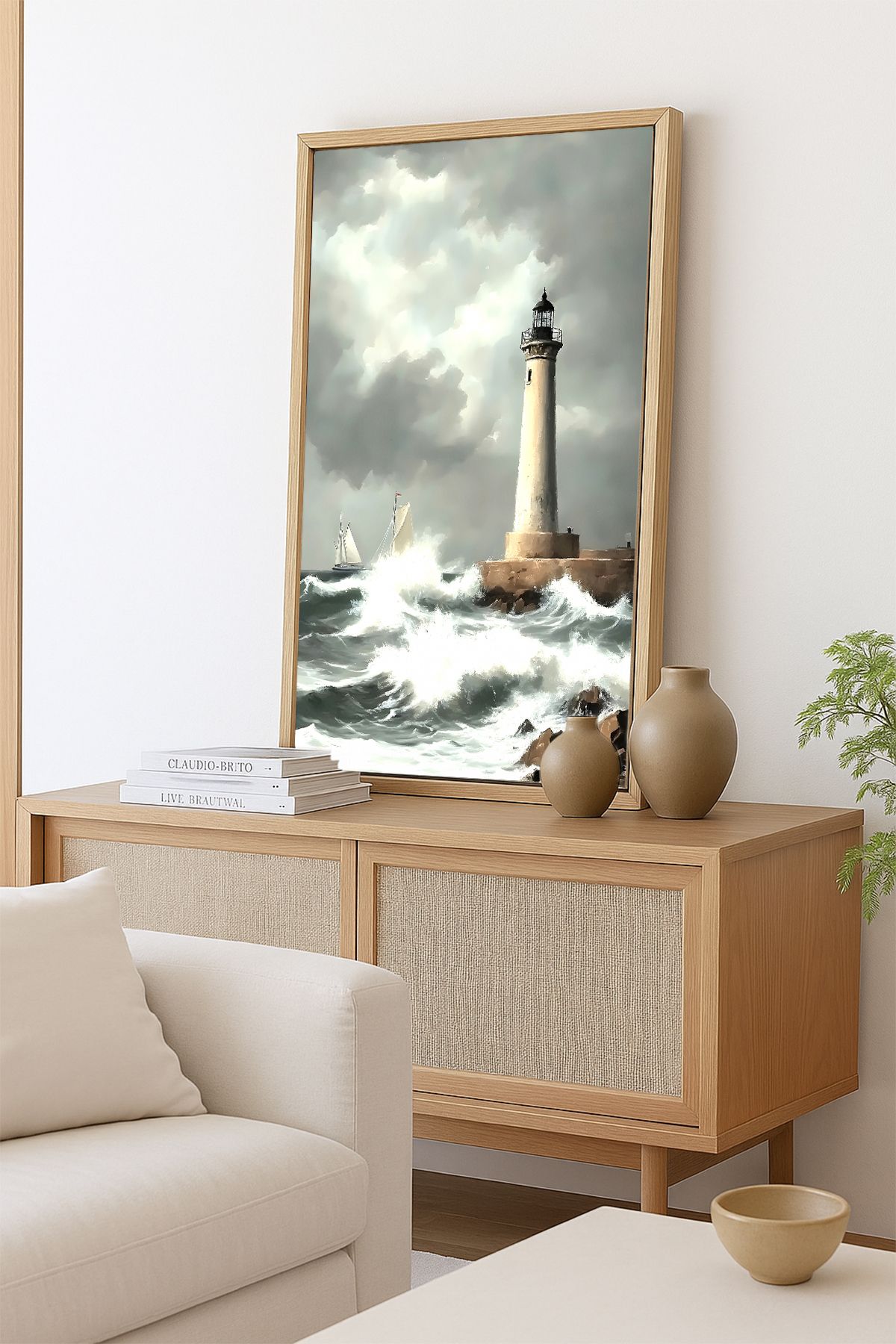AKSU SANAT Deniz Feneri ve Dalgalar Vintage ÇERÇEVELİ Kanvas Tablo, ÇİFT ÇERÇEVELİ Tablo 1KTBL43