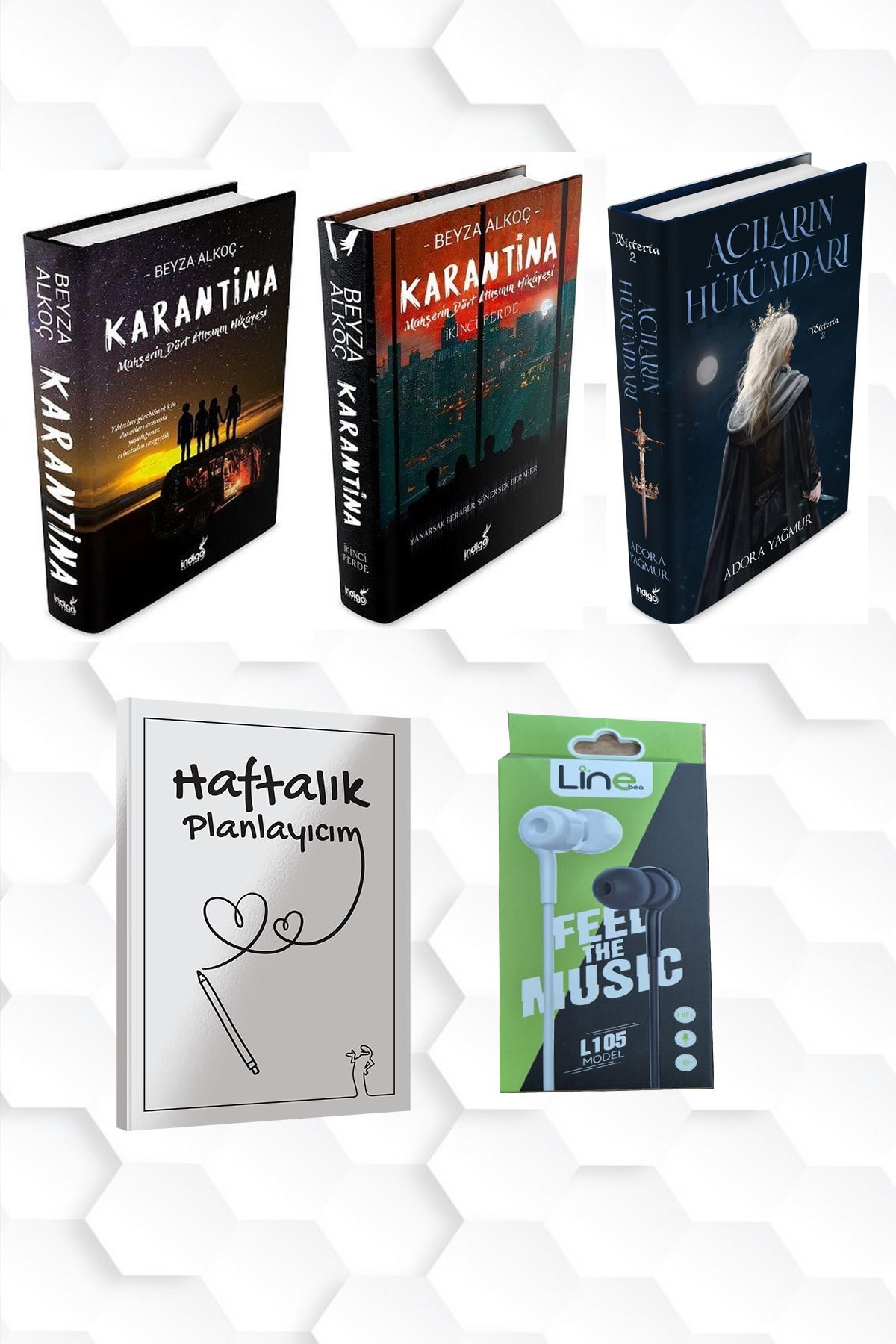 İndigo Kitap CİLTLİ-KARANTİNA BİRİNCİ VE İKİNCİ PERDE-ACILARIN HÜKÜMDARI+HAFTALIK PLANLAYICIM 52 (HAFTA)KULAKLIK
