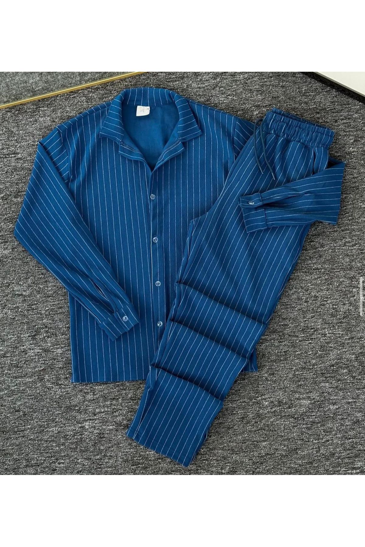 NewCabin Premium Krep Kumaş Çizgi Detaylı Unisex Gömlek ve Pantolon Takım