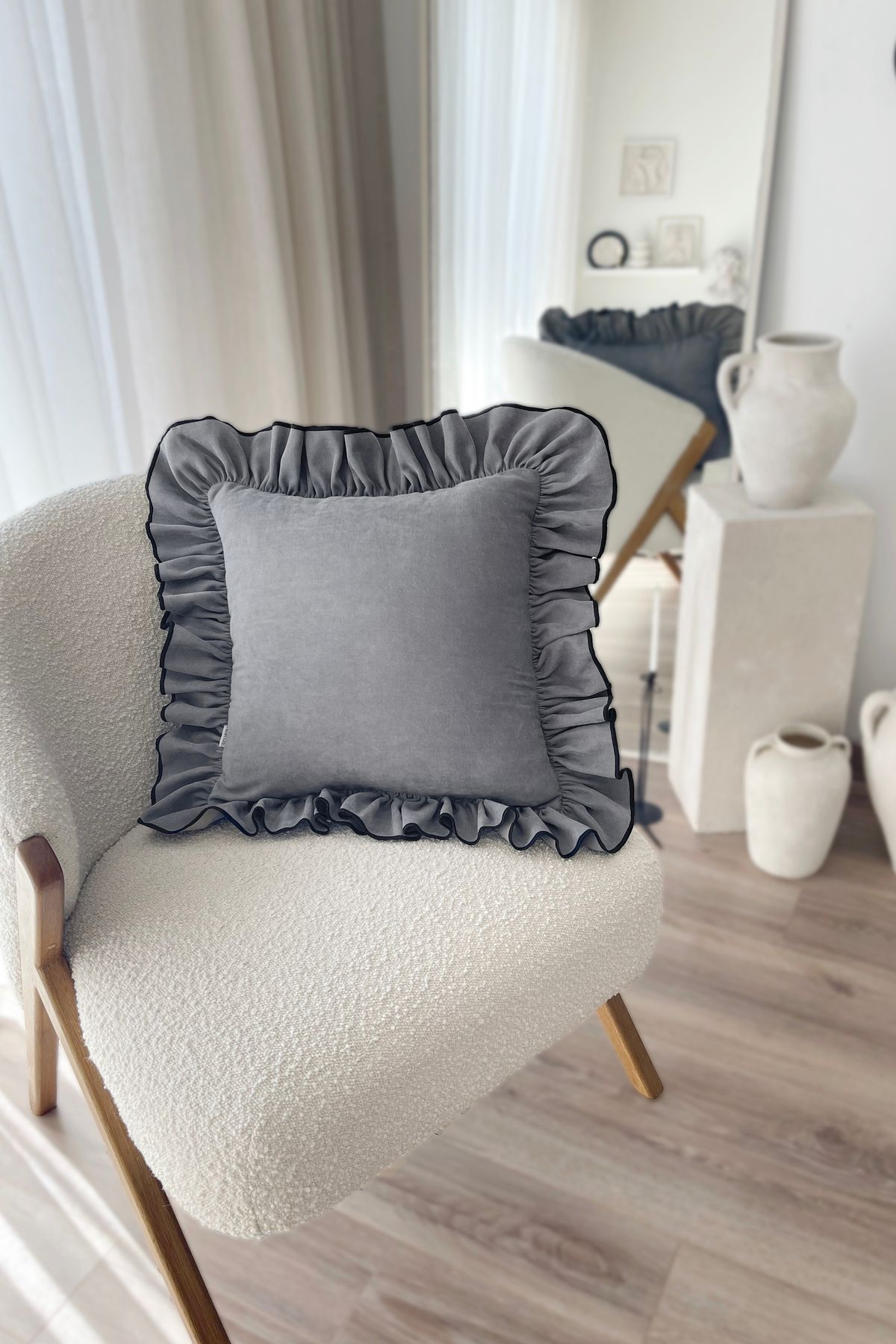 RİTMOHOME Fırfırlı, Vintage, Country, Iskandinav, Bohem 50x50 Dekoratif Kırlent Kılıfı Gri, Siyah