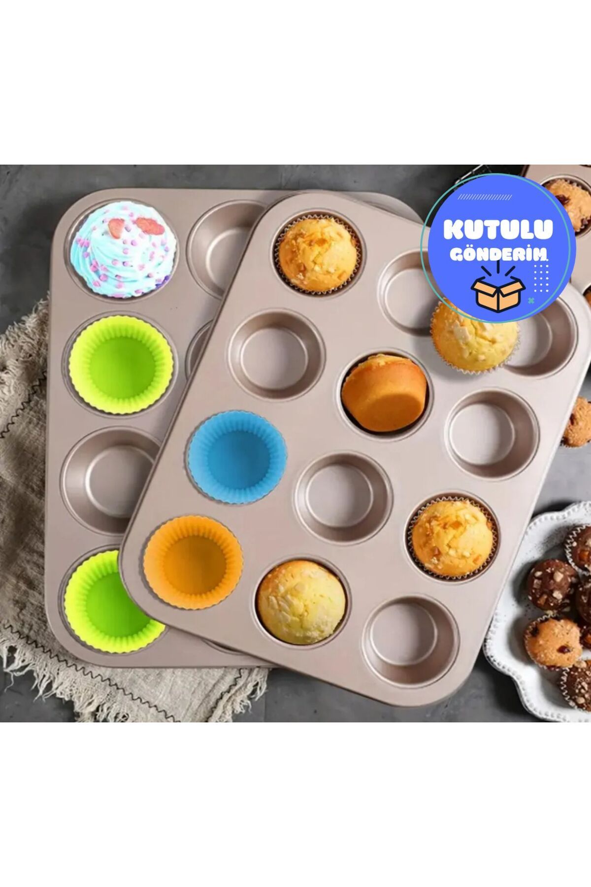 Ovicx Gold 12'Li Karbon Çelik Yanmaz Yapışmaz Muffin Kek & Cupcake Kalıbı