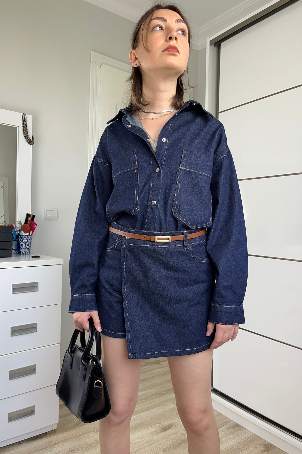 Gökcan Butik Denim Gömlek Şort Etek Takım
