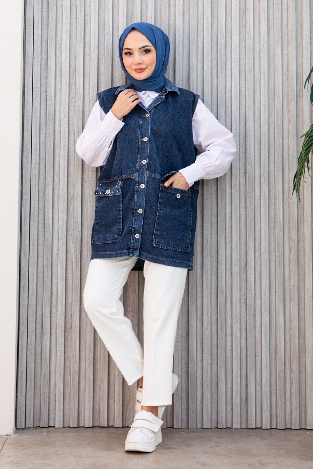 SHİROSA cepleri taş detaylı oversize denim yelek