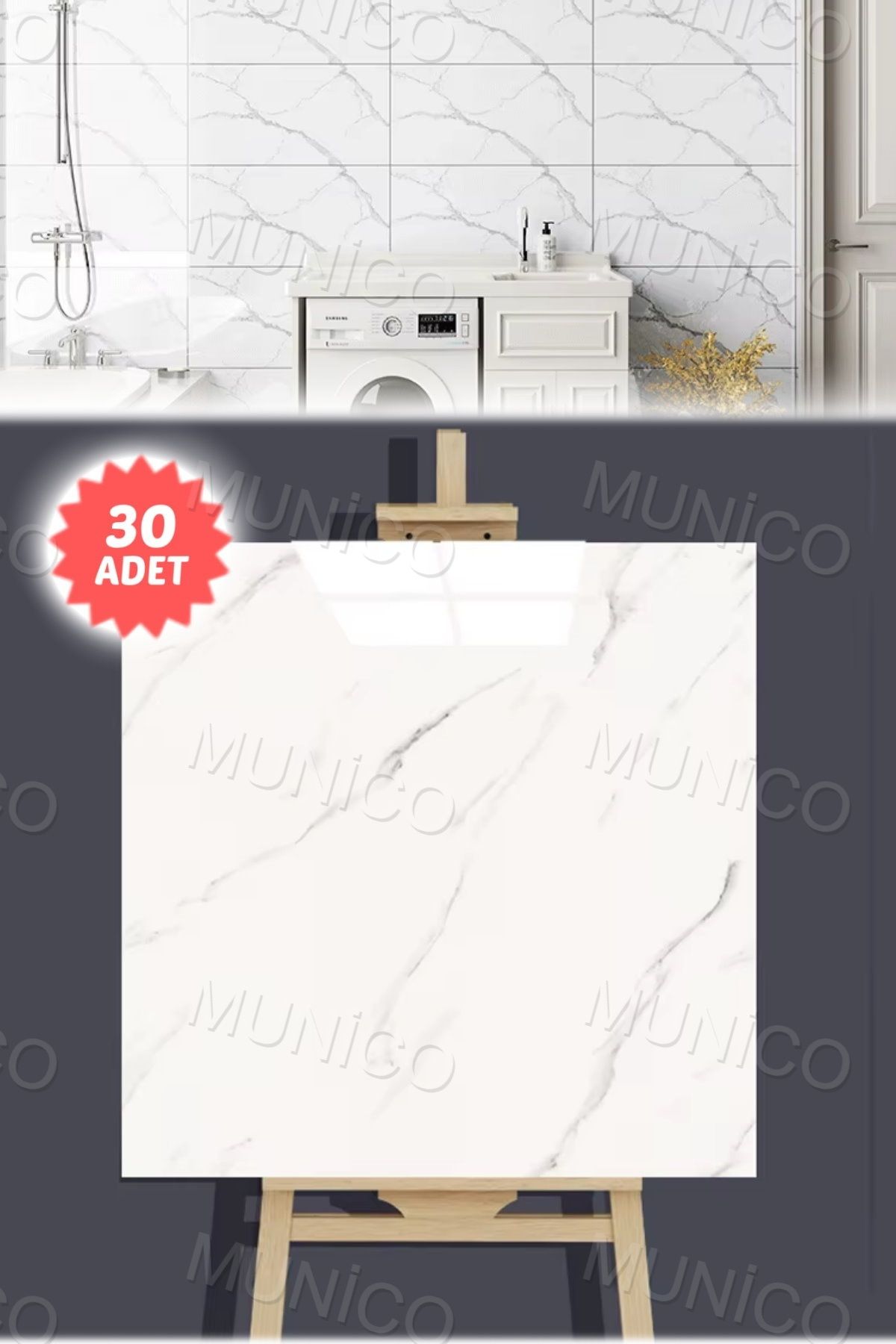Munico 30 x 30 Cm Kolay Montajlı 30 Adet Beyaz Banyo Su Nem Geçirmez Duvar Kağıdı Yenileme Fayans Plastik