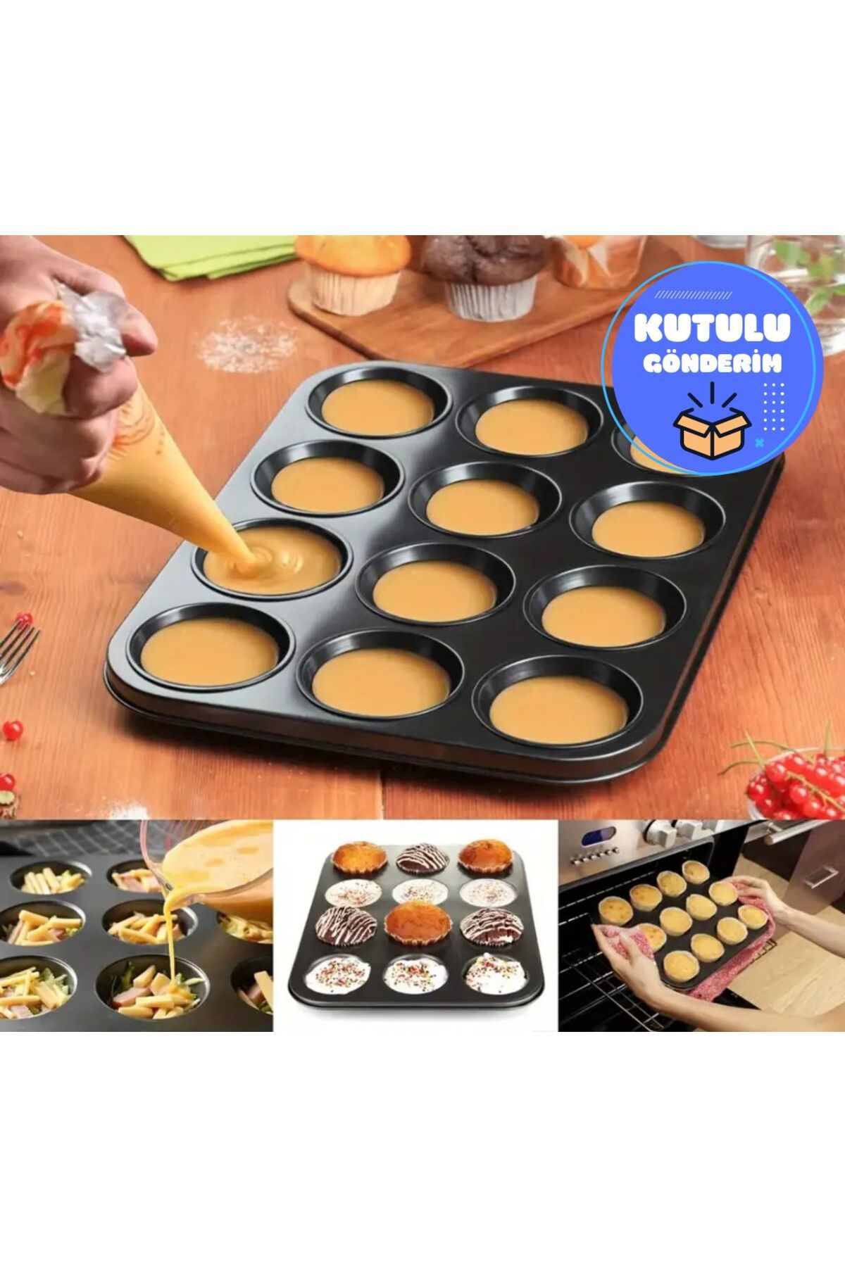 Ovicx 12'Li Karbon Çelik Yanmaz Yapışmaz Muffin Kek & Cupcake Kalıbı