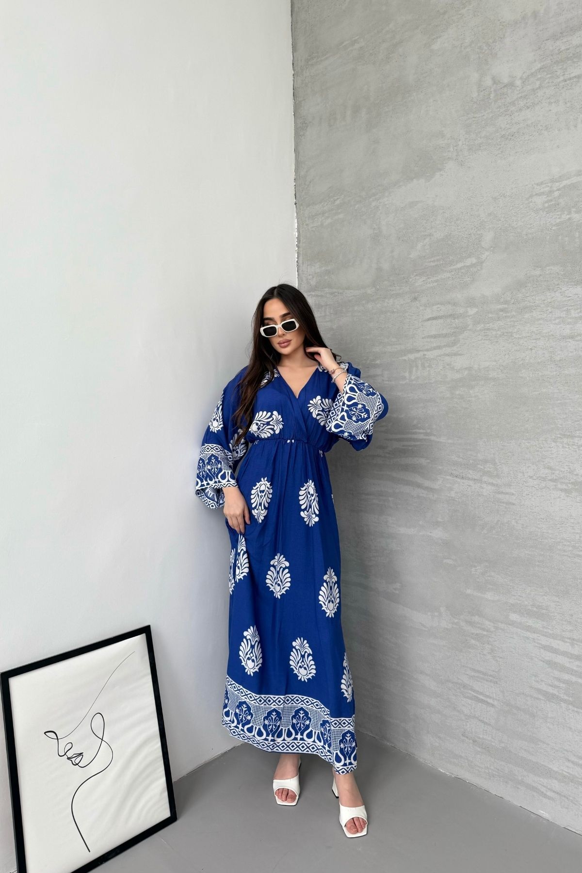 mezqa  Otantik Desenli Mavi Uzun Kollu Elbise - Görsel 4