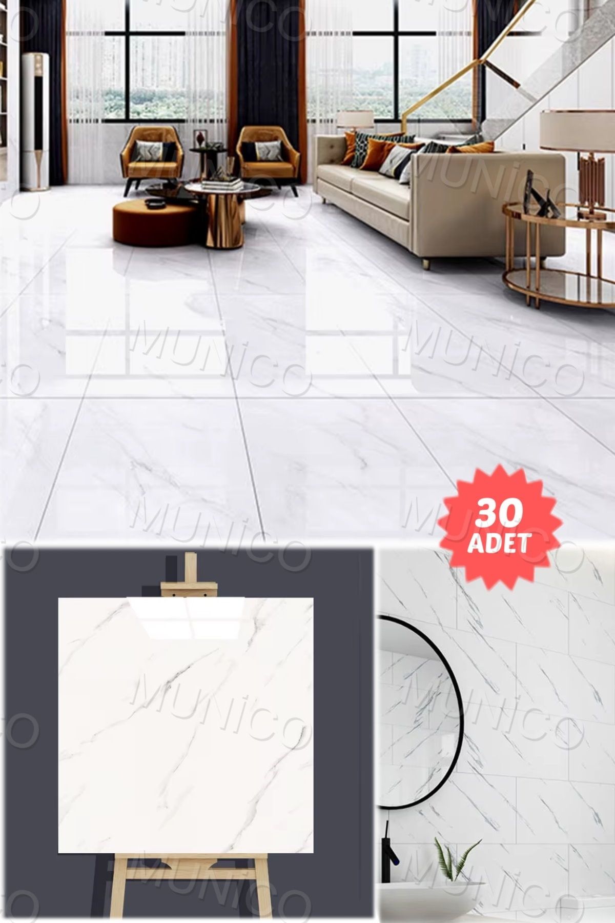 Munico 30 Adet Su Geçirmez Beyaz Duvar Stickerı 3D Duvar Dekor Duvar Kağıdı Banyo Mermer 60x30cm Yapışanlı