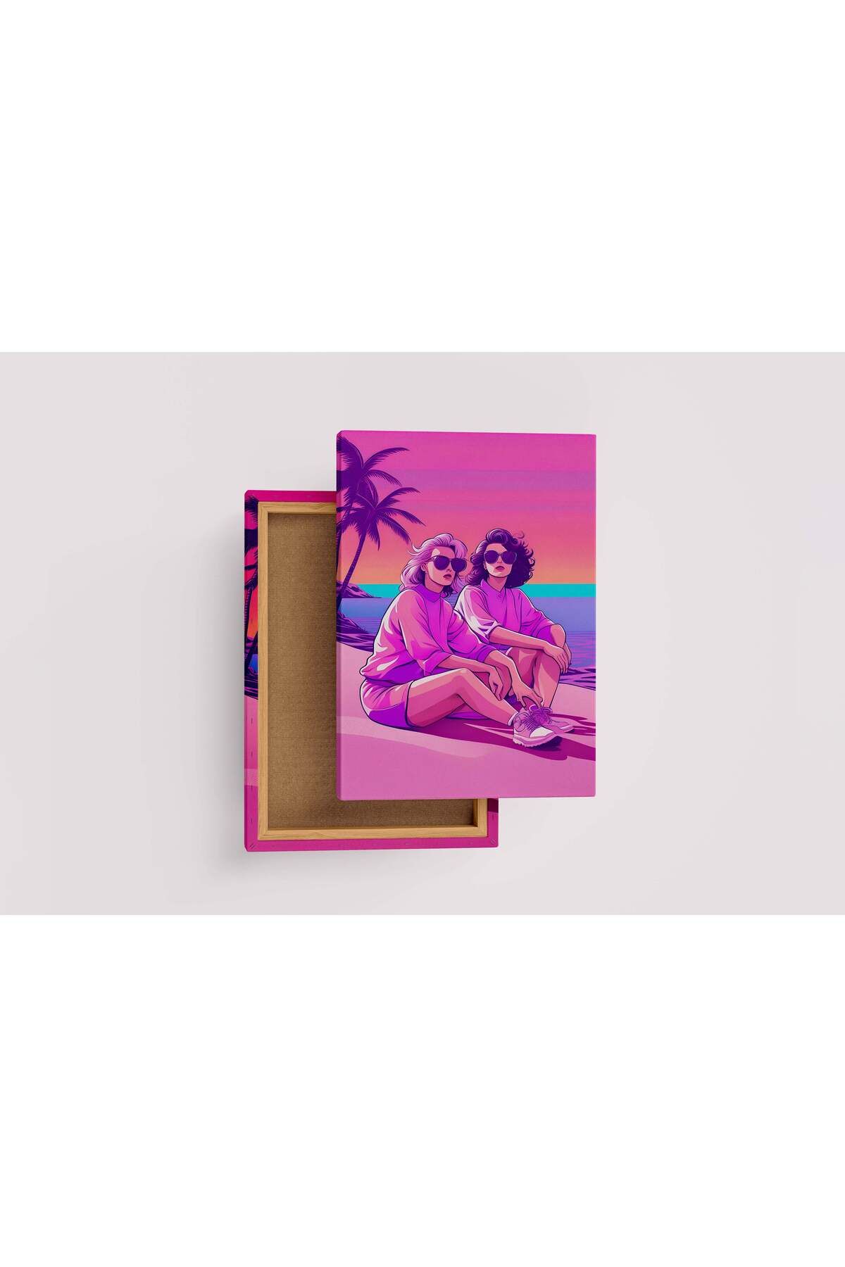 Wallivo retrowave vogue, pop art, palm, sunshine, sitting on the beach, art, kanvas tablo