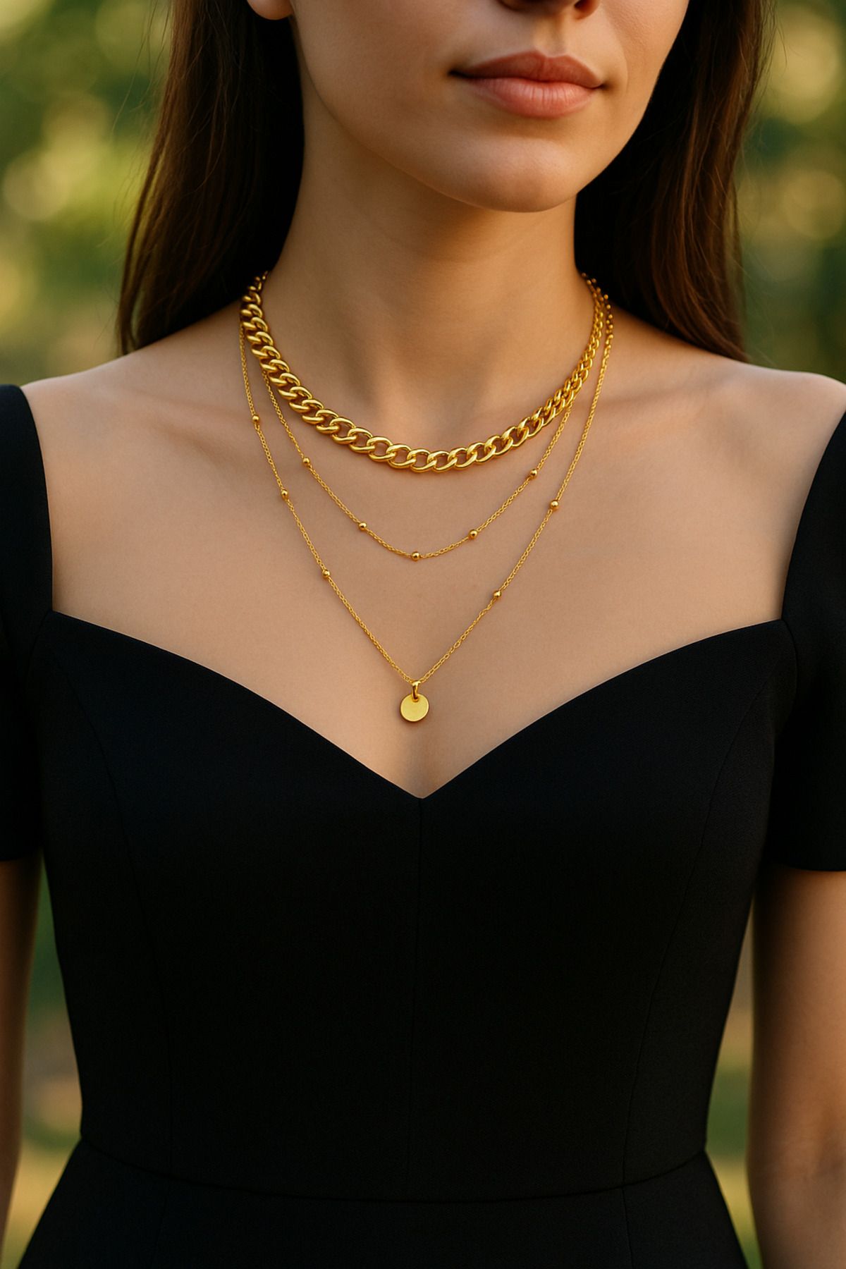 shop Altın Renk Üç Katlı Zincir Kolye – Kalın Choker & İnce Zincir & Madalyon Uç Detaylı
