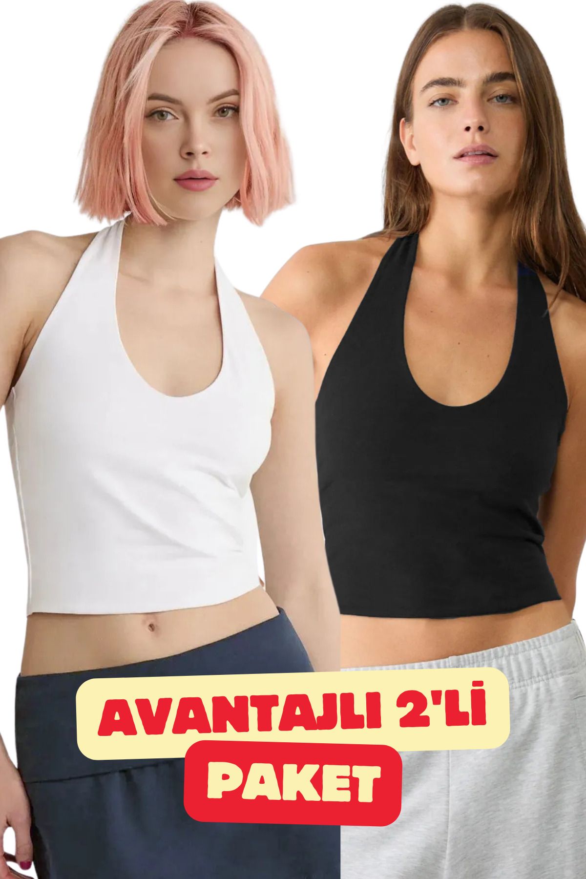 dgs dagıstanlı Kadın Siyah-Beyaz 2'Li Paket Halter Yaka Crop Top