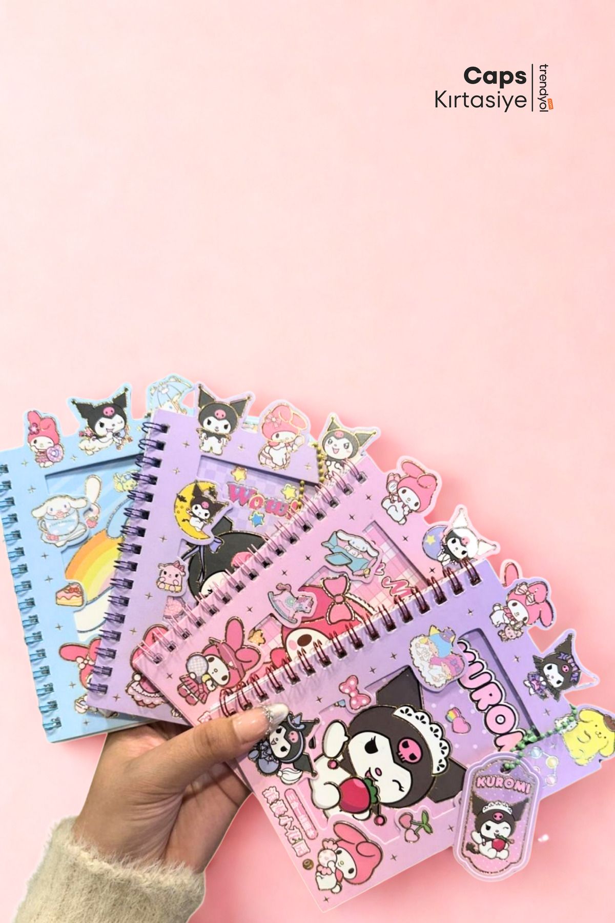 caps office 4 Adet Anahtarlıklı Kuromi My Melody Cinnamoroll Sticker + Defter Seti 16 Sayfa Sticker 8 Sayfa Not