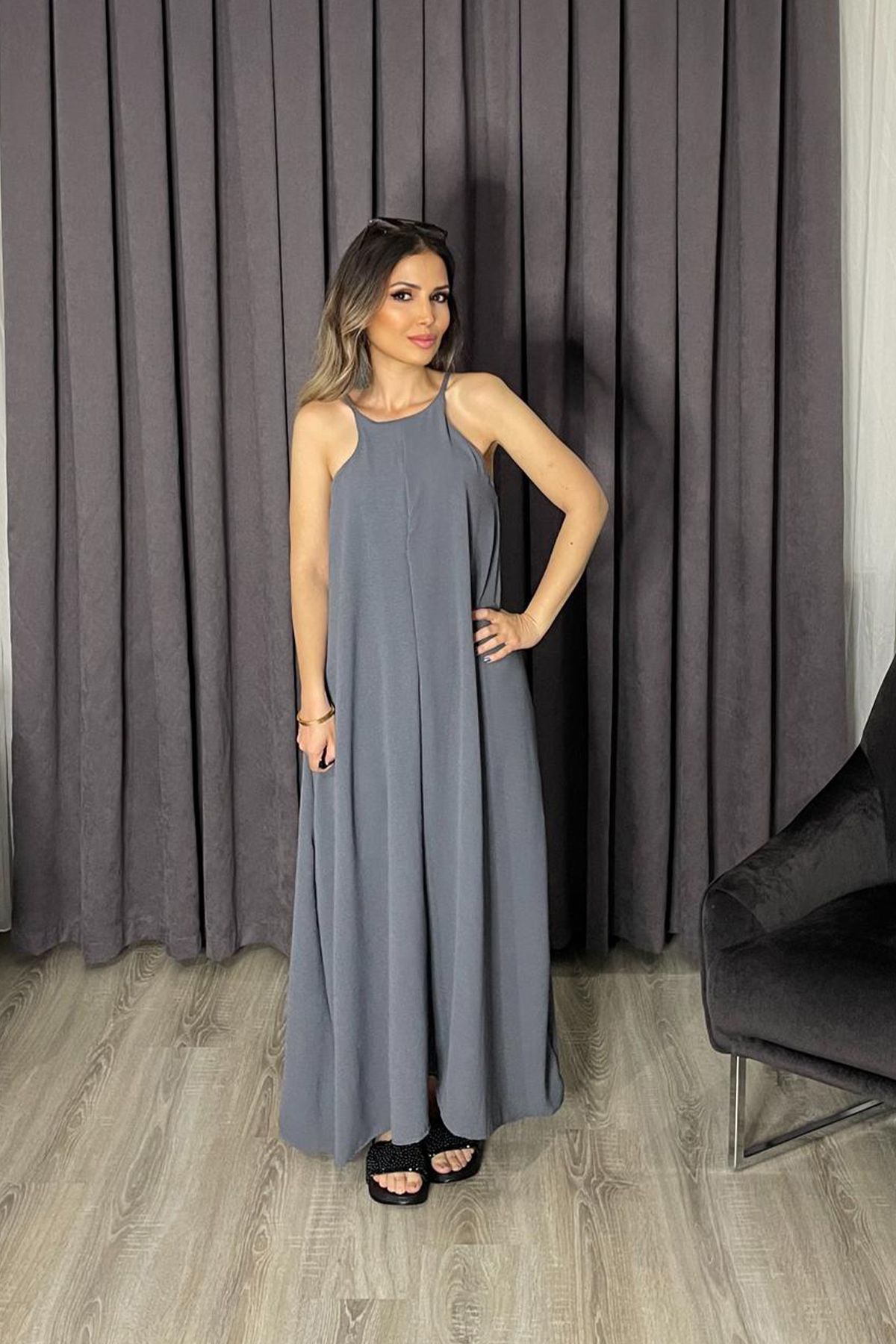 db didem butik Ayarlanabilir askılı pamuklu ithal aerobin kumaş maxi kloş elbise