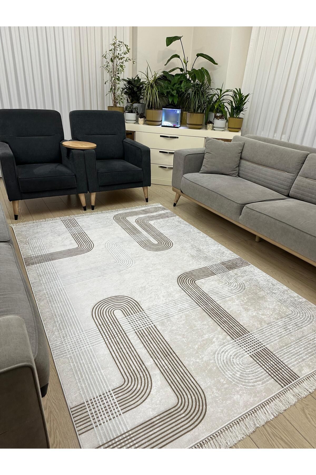 NEU HAUS Makinede Yıkanabilir Kahverengi Halı Kaymaz Taban Salon ve Oturma odası Halısı Dijital Baskı Halı