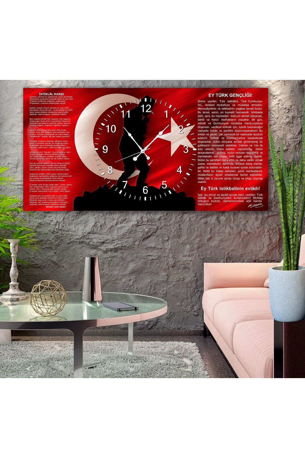 EMYA HOME Saatli Al Bayrak Panoramik Kanvas Tablo