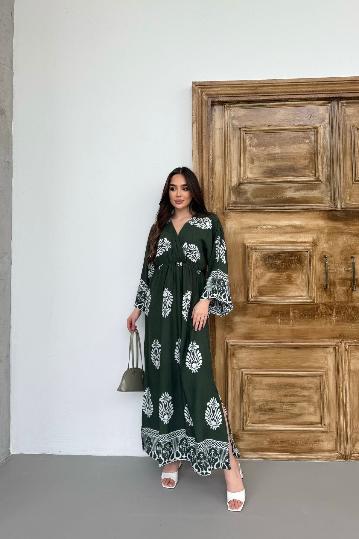 Mezka Otantik Desenli Yeşil Uzun Kollu Elbise