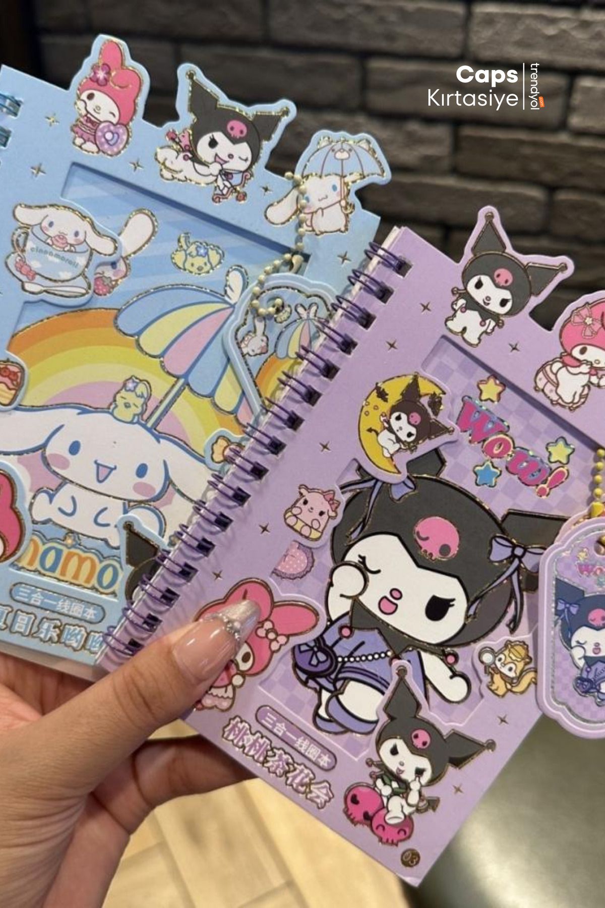 caps office 2 Adet Anahtarlıklı Kuromi & Cinnamoroll Sticker + Defter Seti 16 Sayfa Sticker 8 Sayfa Not