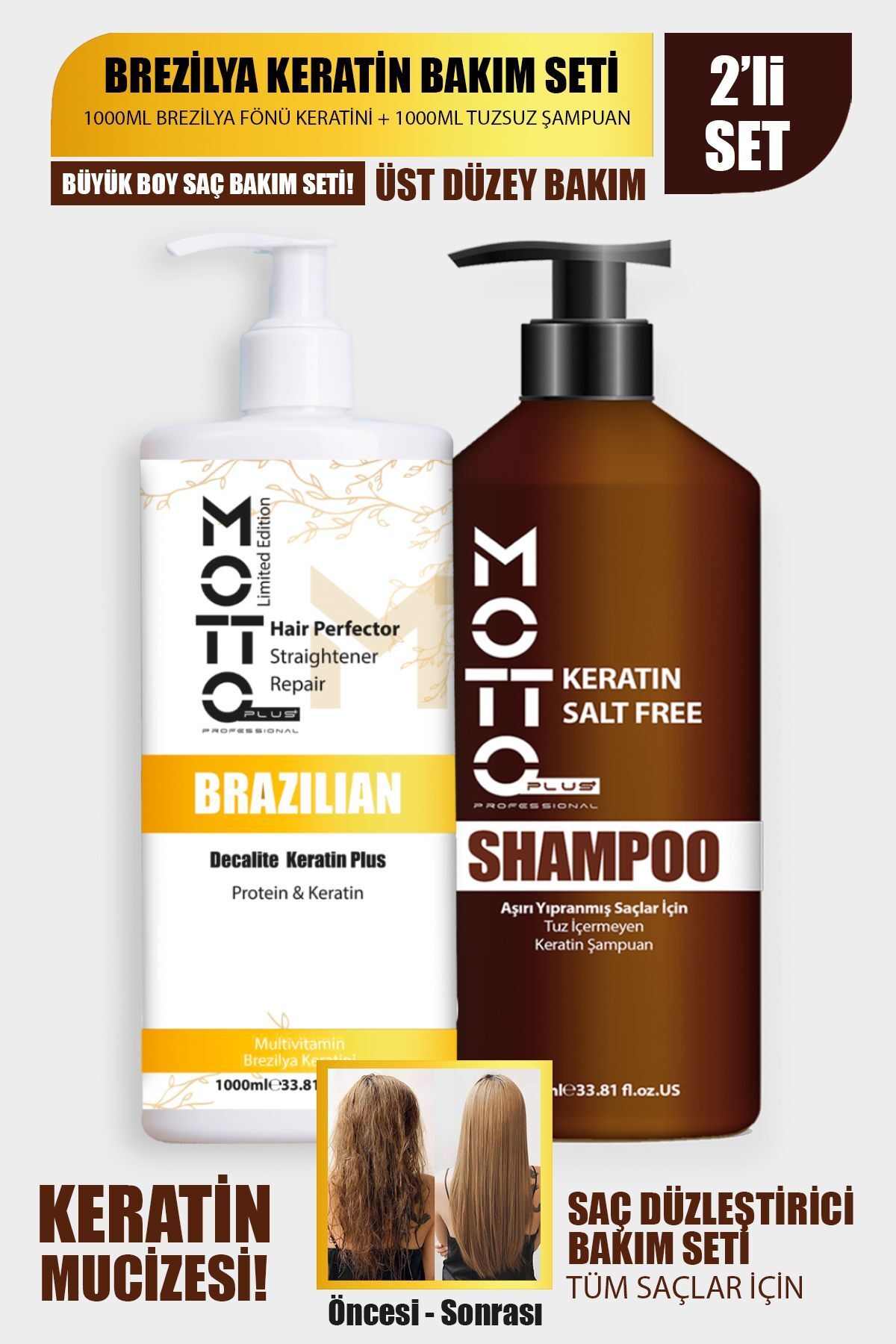 Motto Plus Professional Aşırı Yıpranmış Saçlar Için Saç Düzleştirici Keratin & Tuzsuz Şampuan 2'li S