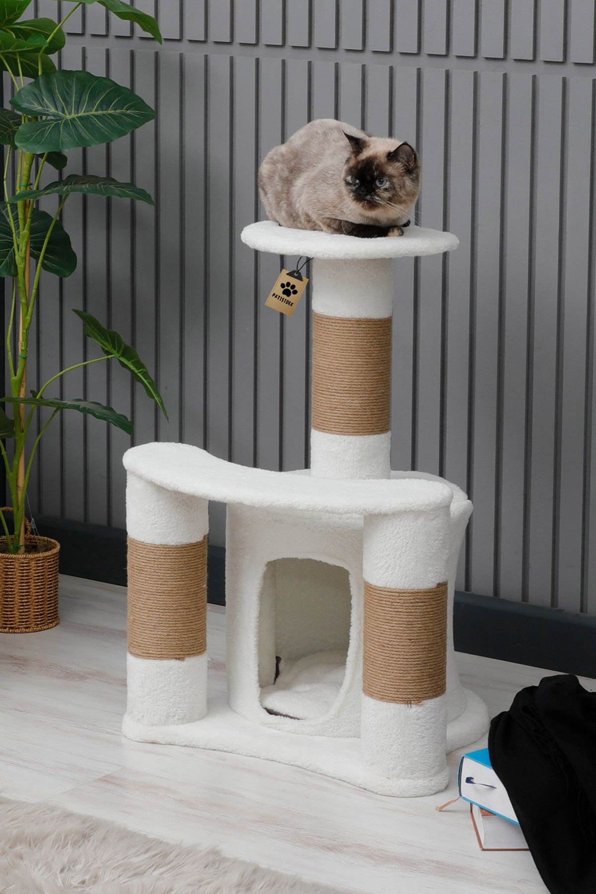 Pati Store Kedi Tırmalama, Kedi Evi, Kedi Oyun Evi, Yataklı Kedi Evi - Sofya Beyaz