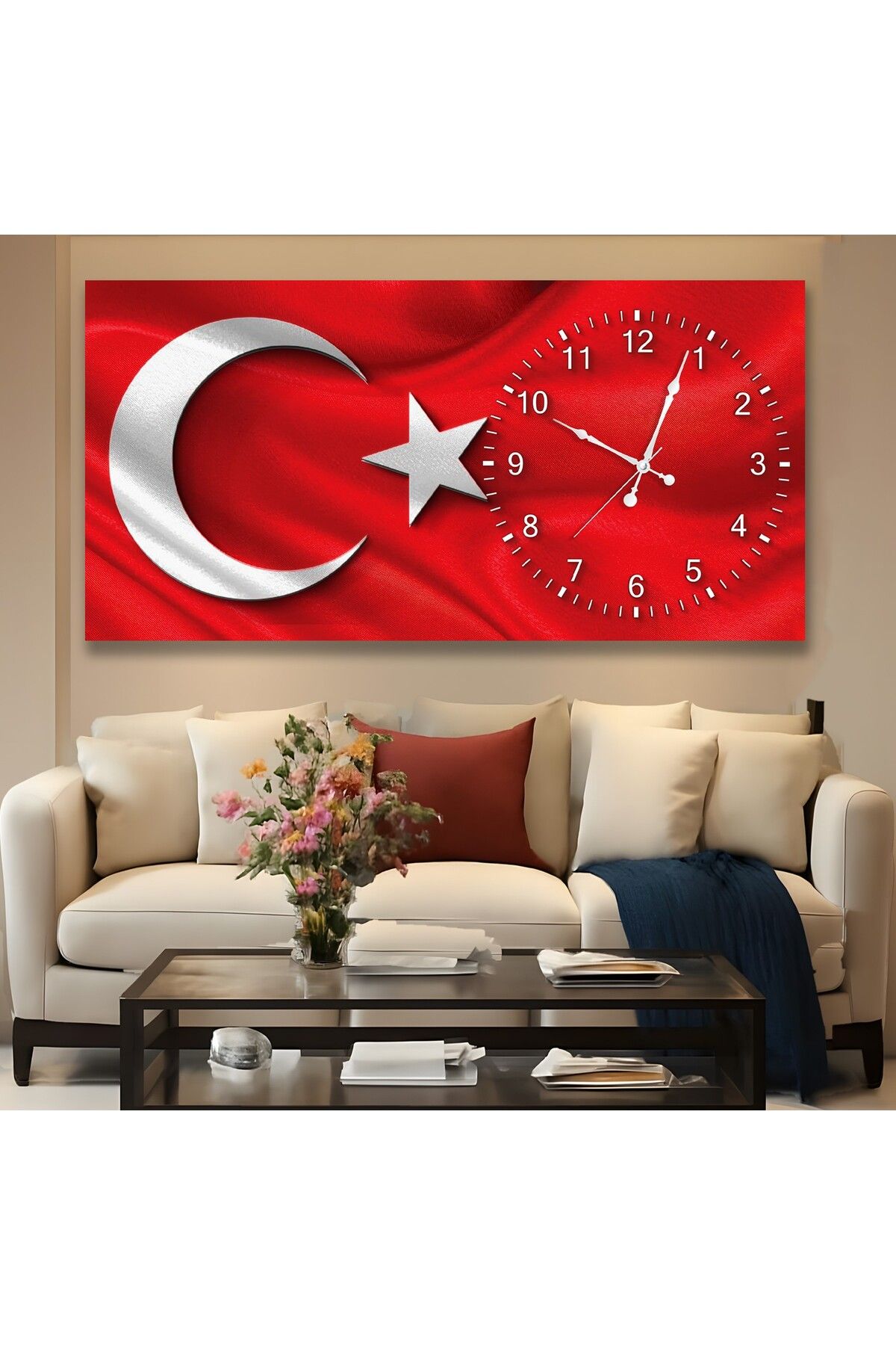 EMYA HOME Saatli Al Bayrak Panoramik Kanvas Tablo