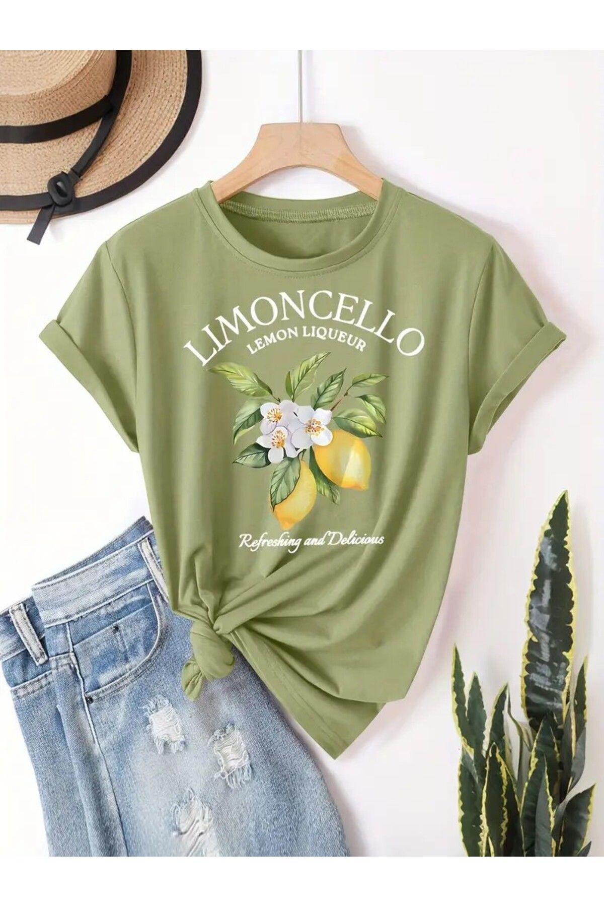 LEIVOR Limoncello Lemon Liqueur Baskılı Kadın Haki yeşili T-shirt